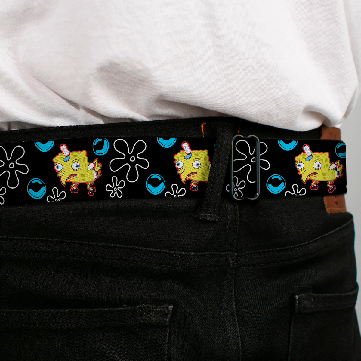 SpongeBob SquarePants Logo Full Color Black/Blues Seatbelt Belt - Mocking SpongeBob SquarePants Pose and Flowers Black Webbing