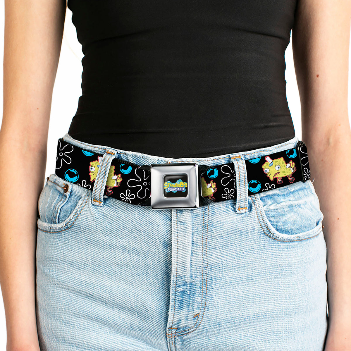SpongeBob SquarePants Logo Full Color Black/Blues Seatbelt Belt - Mocking SpongeBob SquarePants Pose and Flowers Black Webbing