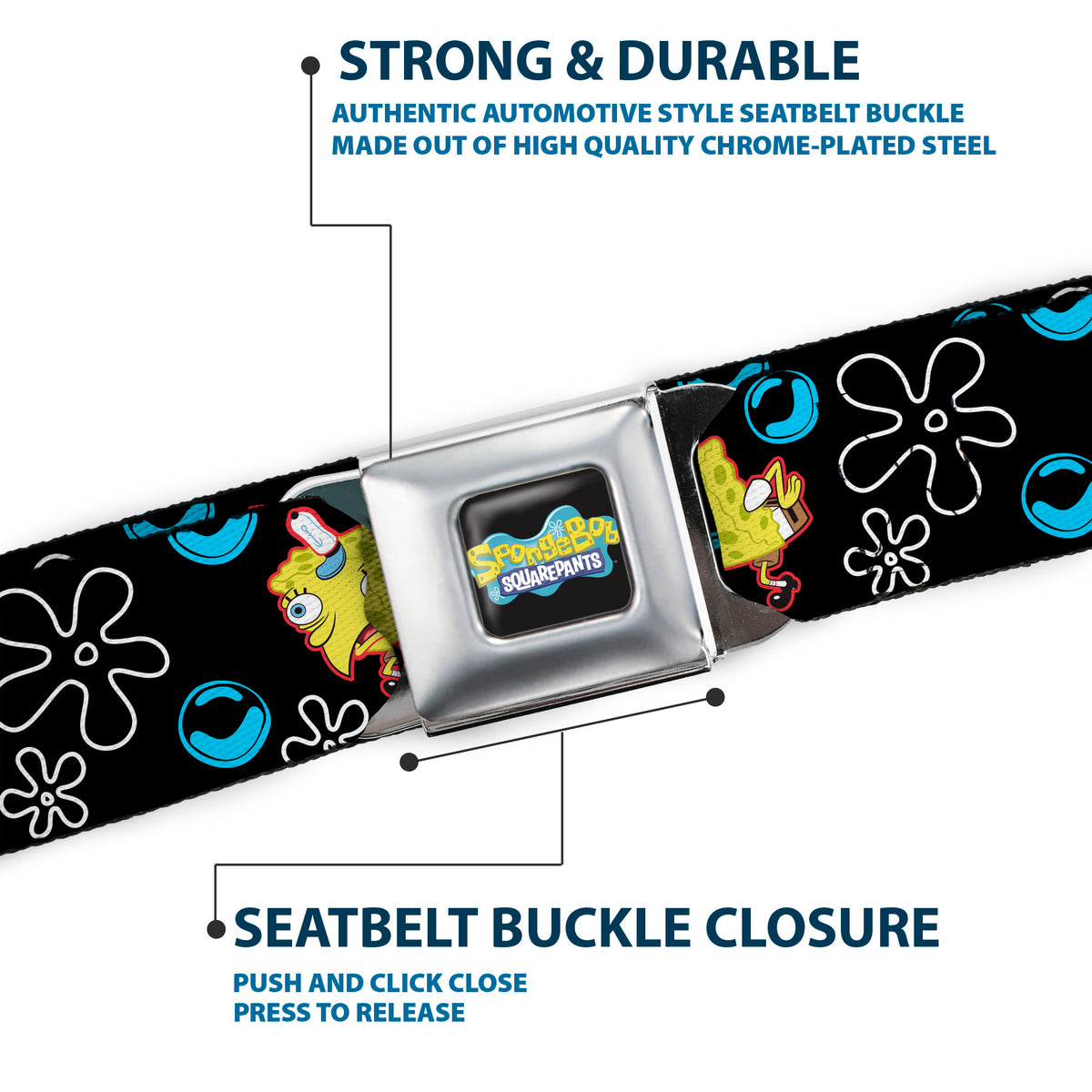 SpongeBob SquarePants Logo Full Color Black/Blues Seatbelt Belt - Mocking SpongeBob SquarePants Pose and Flowers Black Webbing