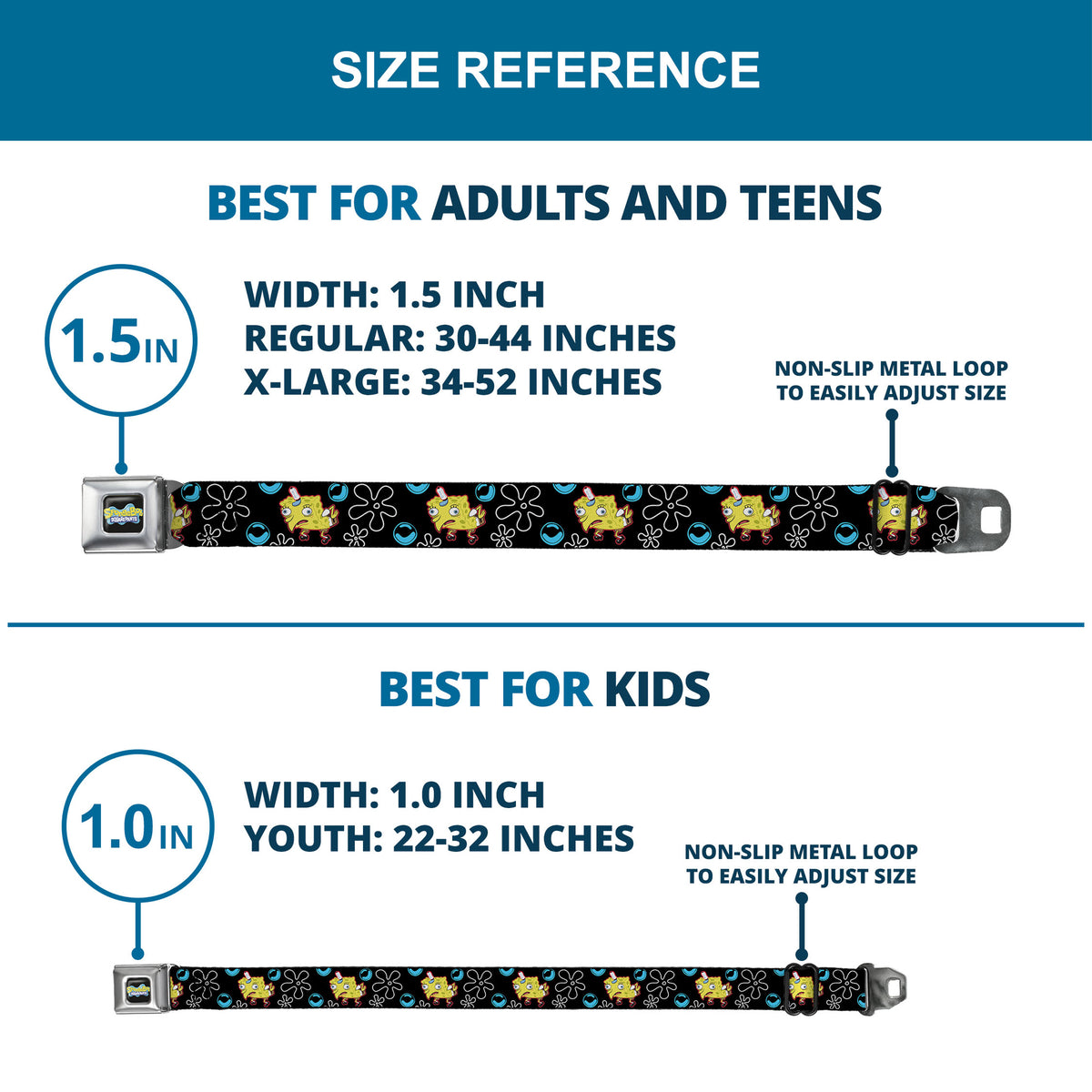 SpongeBob SquarePants Logo Full Color Black/Blues Seatbelt Belt - Mocking SpongeBob SquarePants Pose and Flowers Black Webbing