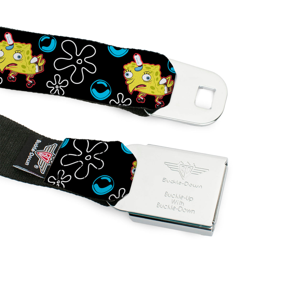 SpongeBob SquarePants Logo Full Color Black/Blues Seatbelt Belt - Mocking SpongeBob SquarePants Pose and Flowers Black Webbing