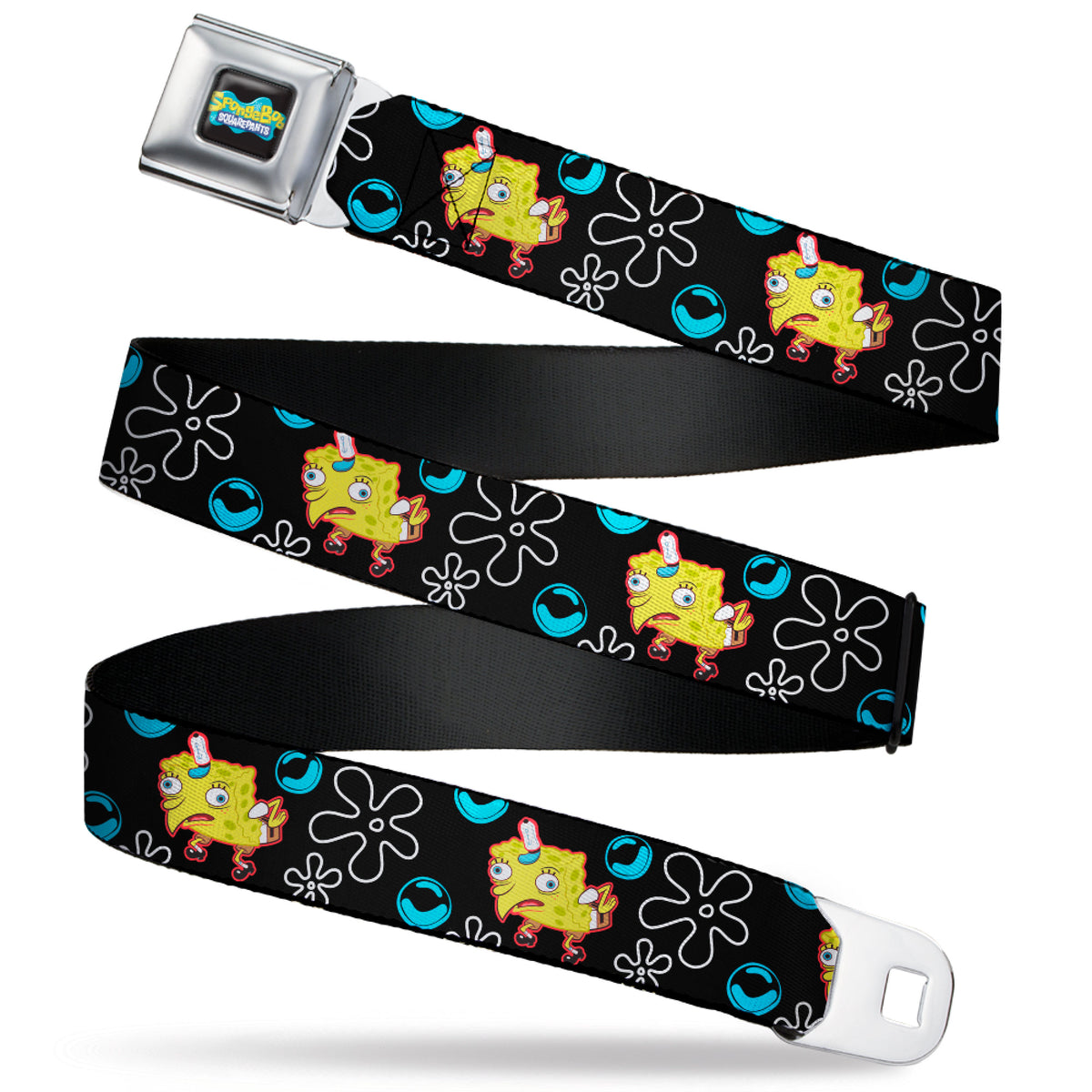 SpongeBob SquarePants Logo Full Color Black/Blues Seatbelt Belt - Mocking SpongeBob SquarePants Pose and Flowers Black Webbing