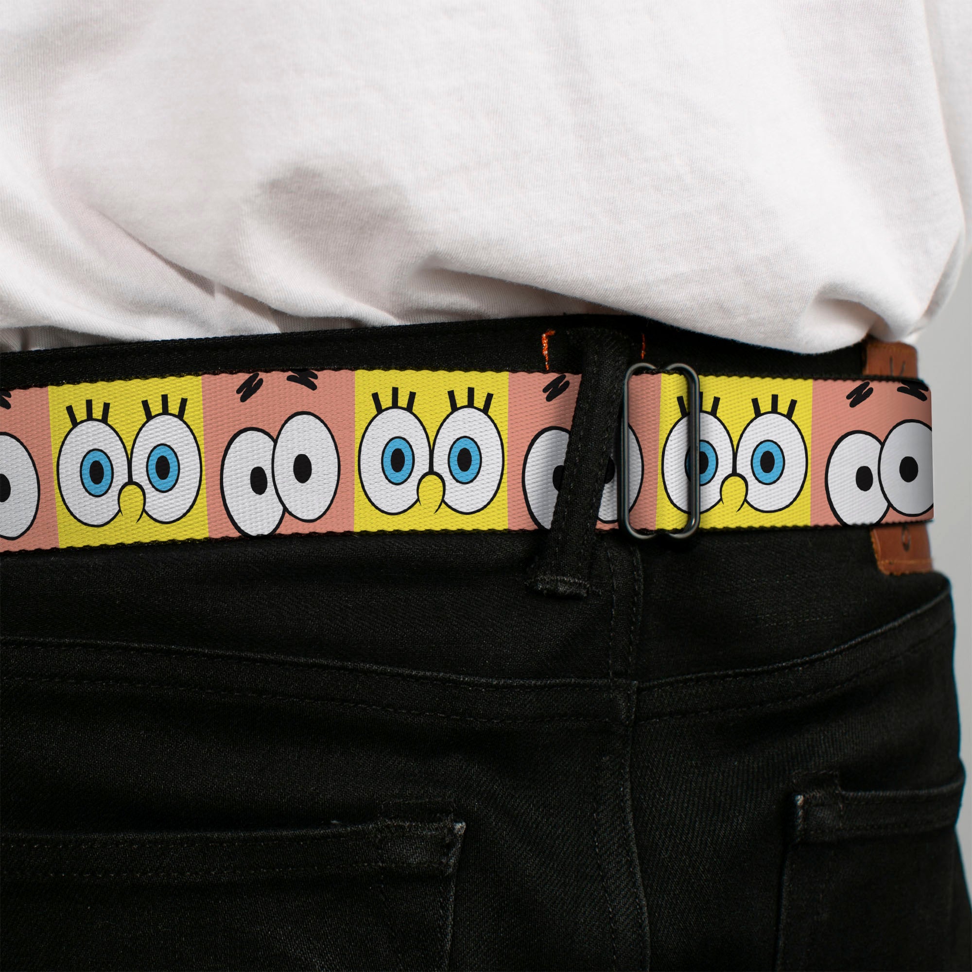 SpongeBob SquarePants Logo Full Color Black/Blues Seatbelt Belt - SpongeBob SquarePants and Patrick Star Eye Blocks Yellow/Pink Webbing Seatbelt Belts SpongeBob SquarePants