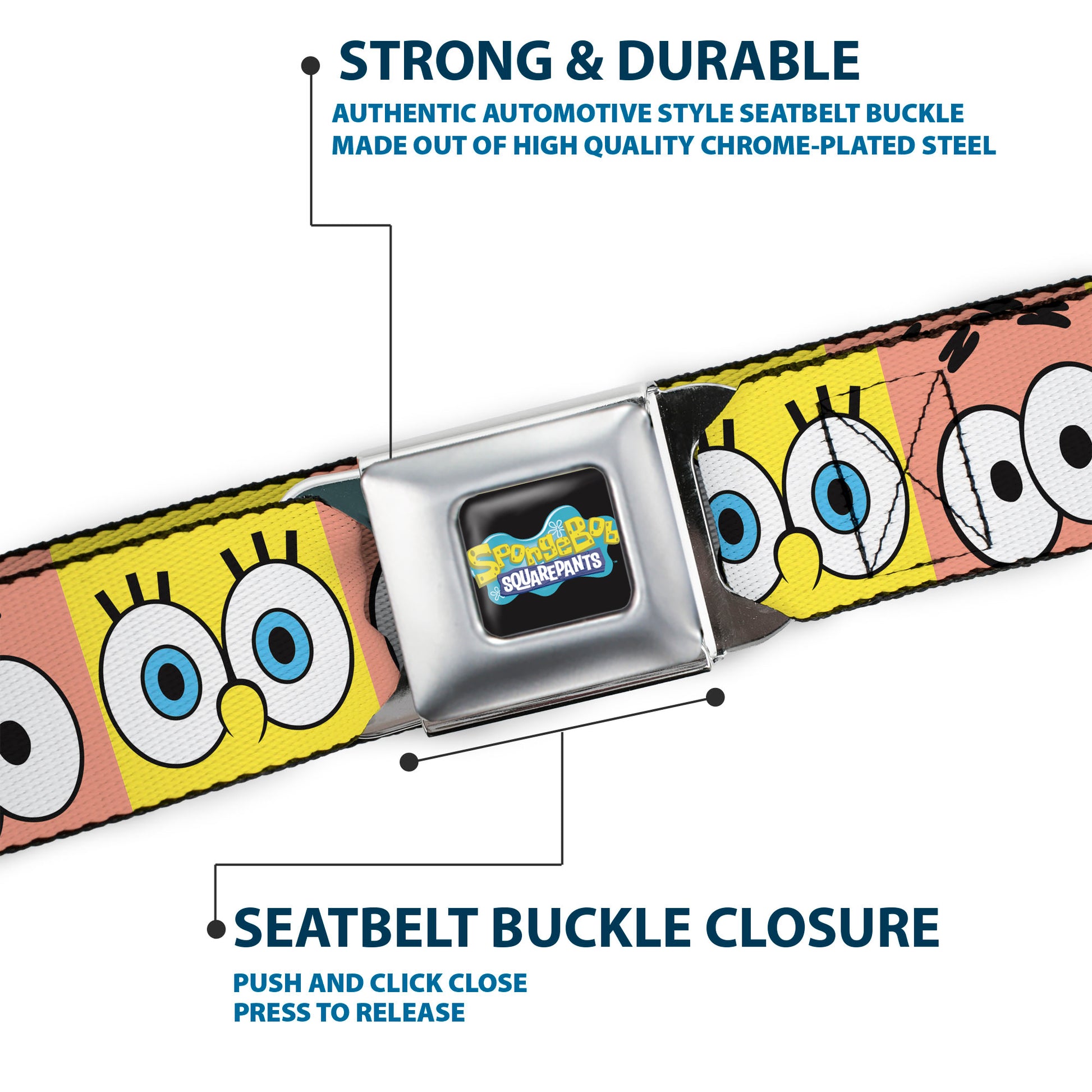 SpongeBob SquarePants Logo Full Color Black/Blues Seatbelt Belt - SpongeBob SquarePants and Patrick Star Eye Blocks Yellow/Pink Webbing Seatbelt Belts SpongeBob SquarePants
