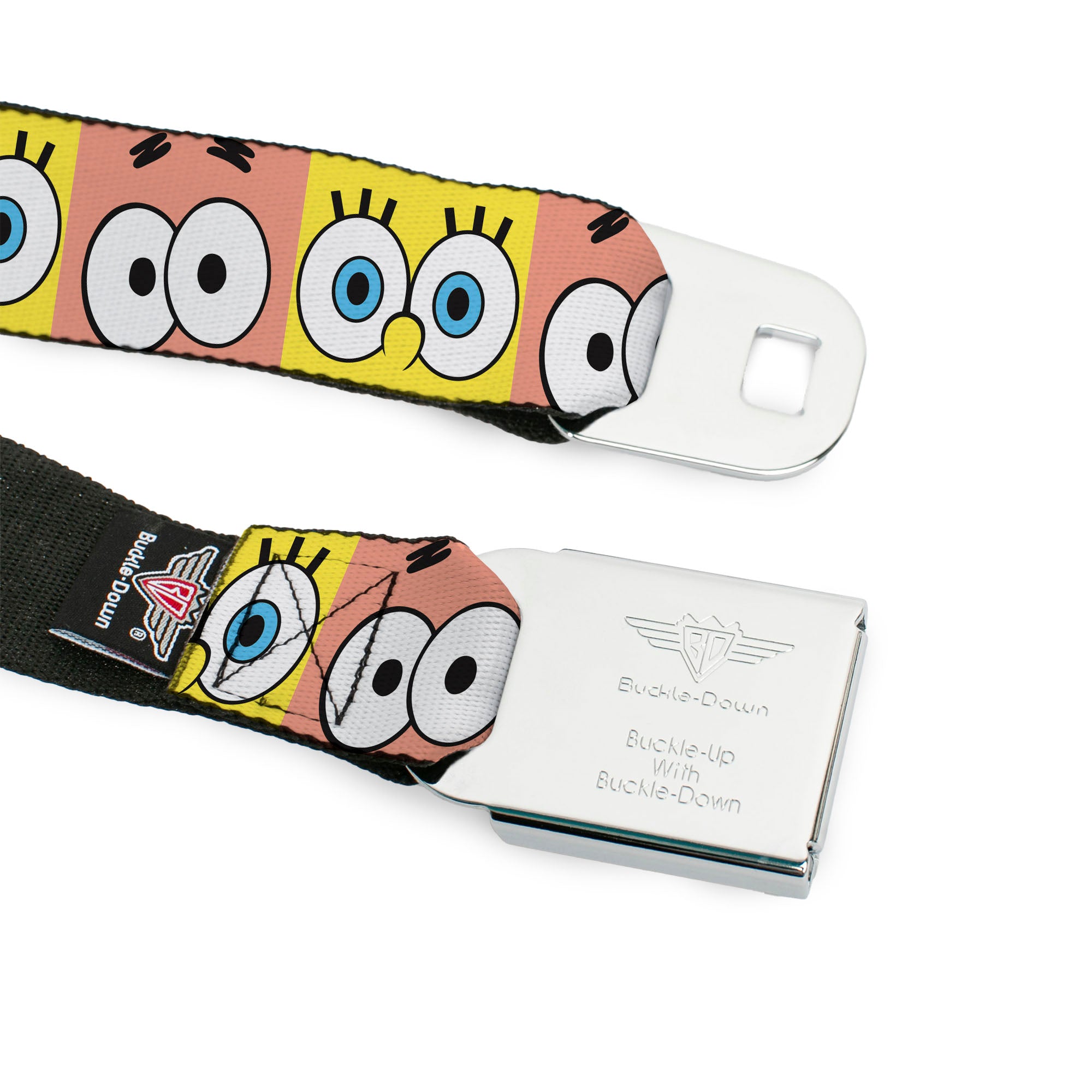SpongeBob SquarePants Logo Full Color Black/Blues Seatbelt Belt - SpongeBob SquarePants and Patrick Star Eye Blocks Yellow/Pink Webbing Seatbelt Belts SpongeBob SquarePants