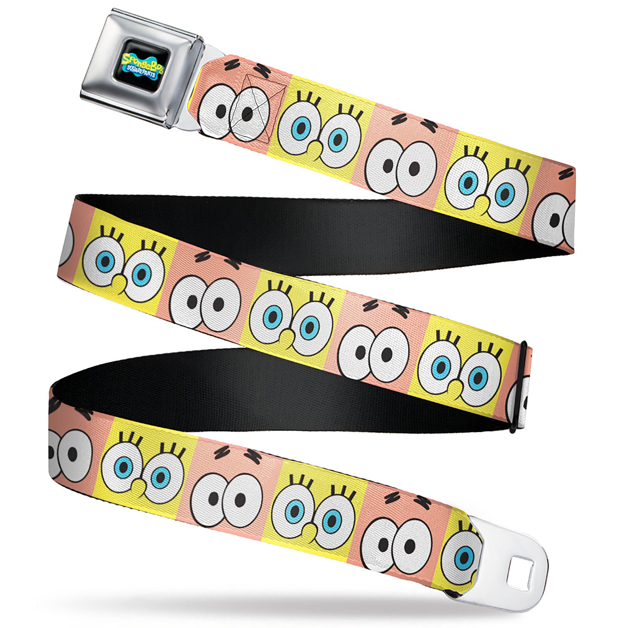 SpongeBob SquarePants Logo Full Color Black/Blues Seatbelt Belt - SpongeBob SquarePants and Patrick Star Eye Blocks Yellow/Pink Webbing Seatbelt Belts SpongeBob SquarePants