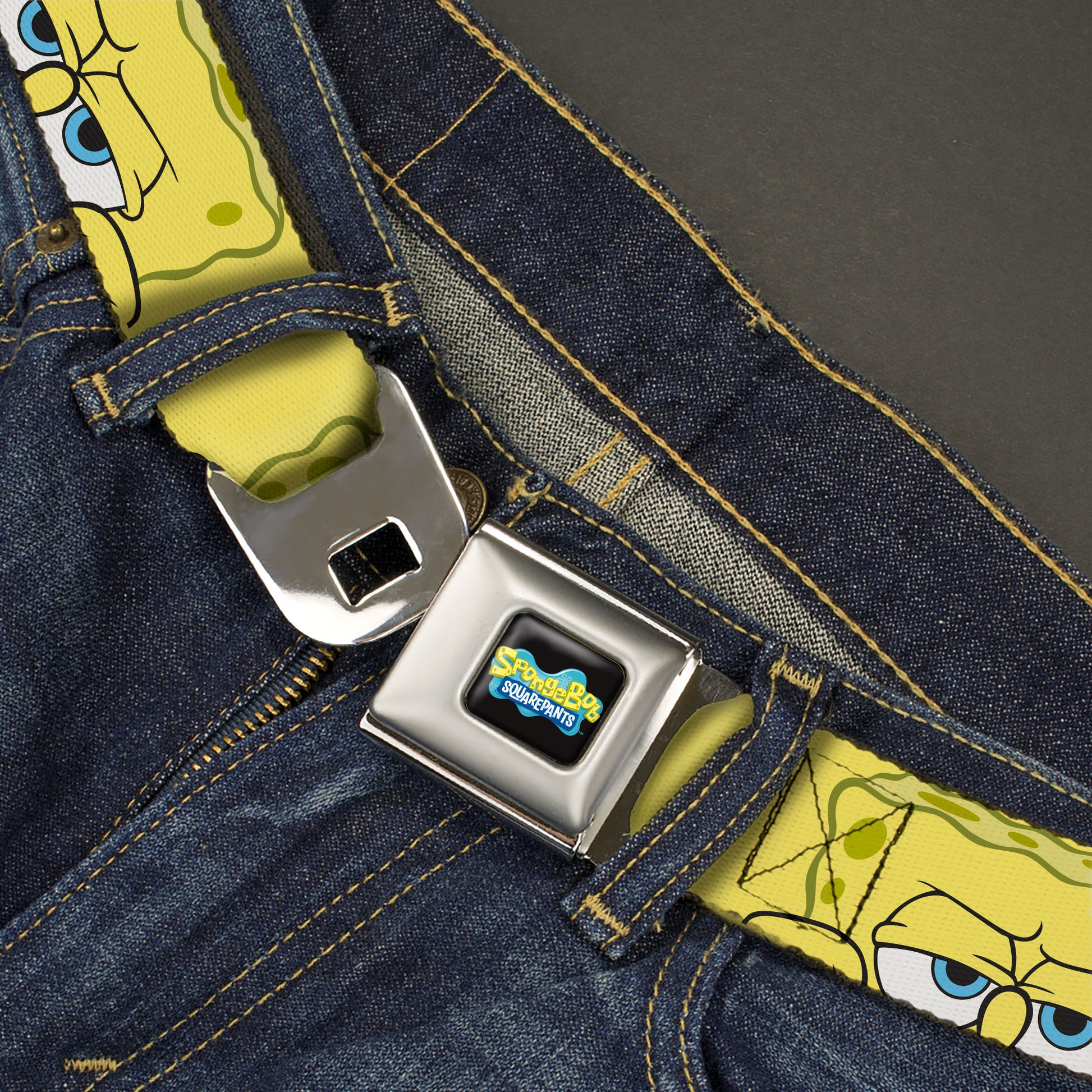 SpongeBob SquarePants Logo Full Color Black/Blues Seatbelt Belt - SpongeBob SquarePants Close-Up Face Yellow Webbing Seatbelt Belts SpongeBob SquarePants