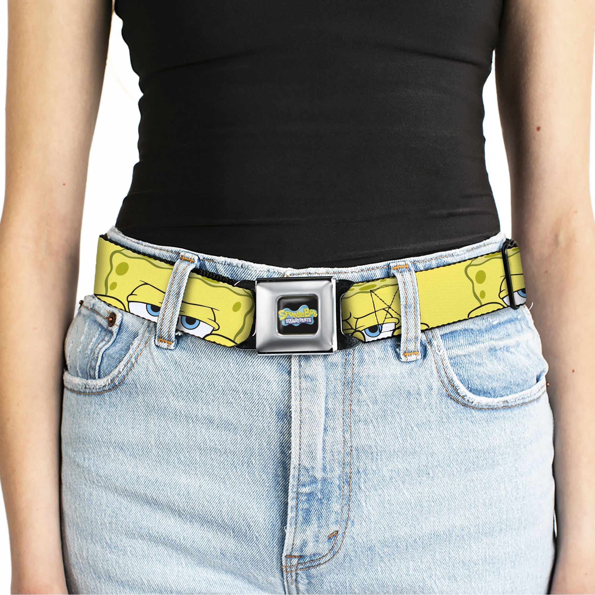 SpongeBob SquarePants Logo Full Color Black/Blues Seatbelt Belt - SpongeBob SquarePants Close-Up Face Yellow Webbing Seatbelt Belts SpongeBob SquarePants