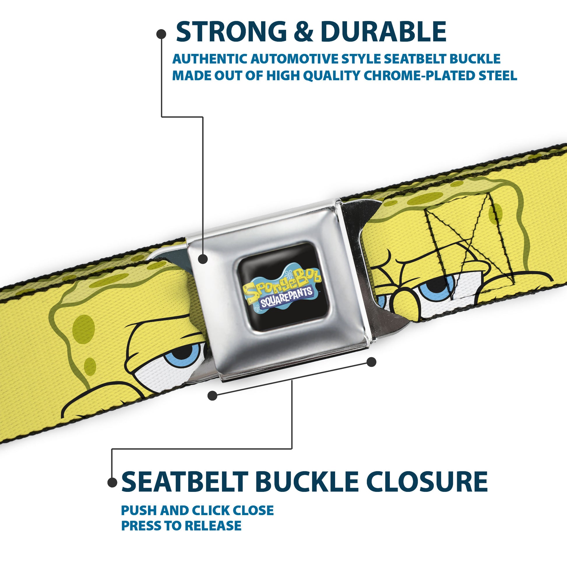 SpongeBob SquarePants Logo Full Color Black/Blues Seatbelt Belt - SpongeBob SquarePants Close-Up Face Yellow Webbing Seatbelt Belts SpongeBob SquarePants