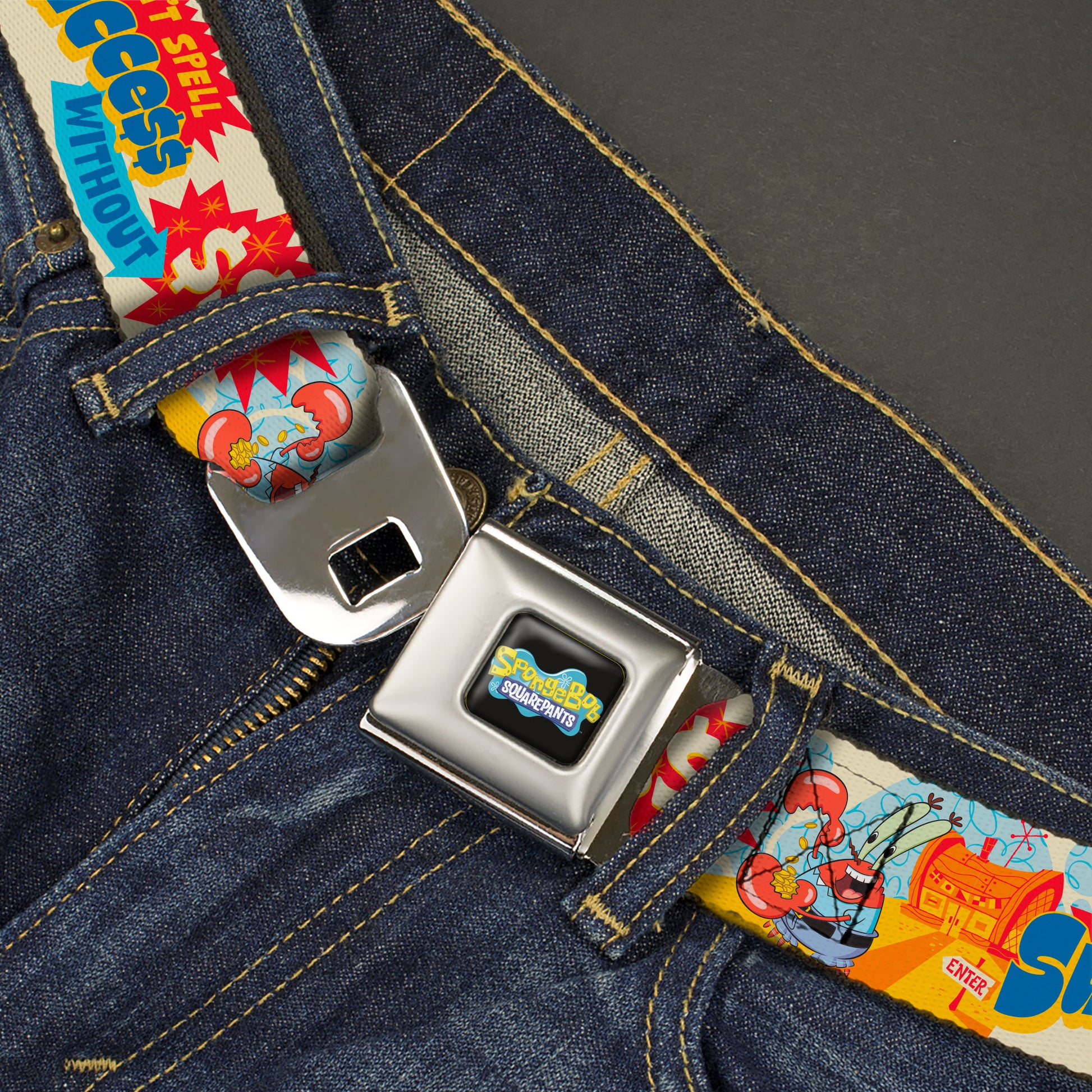 SpongeBob SquarePants Logo Full Color Black/Blues Seatbelt Belt - SpongeBob SquarePants Mr. Krab Krusty Krab SUCCCE$$ Collage Ivory/Multi Color Webbing Seatbelt Belts SpongeBob SquarePants