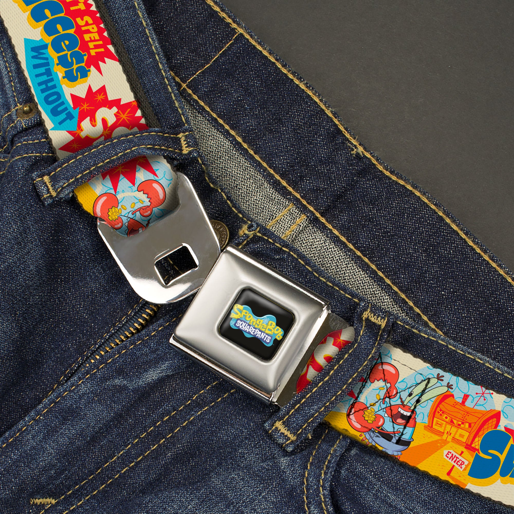 SpongeBob SquarePants Logo Full Color Black/Blues Seatbelt Belt - SpongeBob SquarePants Mr. Krab Krusty Krab SUCCCE$$ Collage Ivory/Multi Color Webbing Seatbelt Belts SpongeBob SquarePants