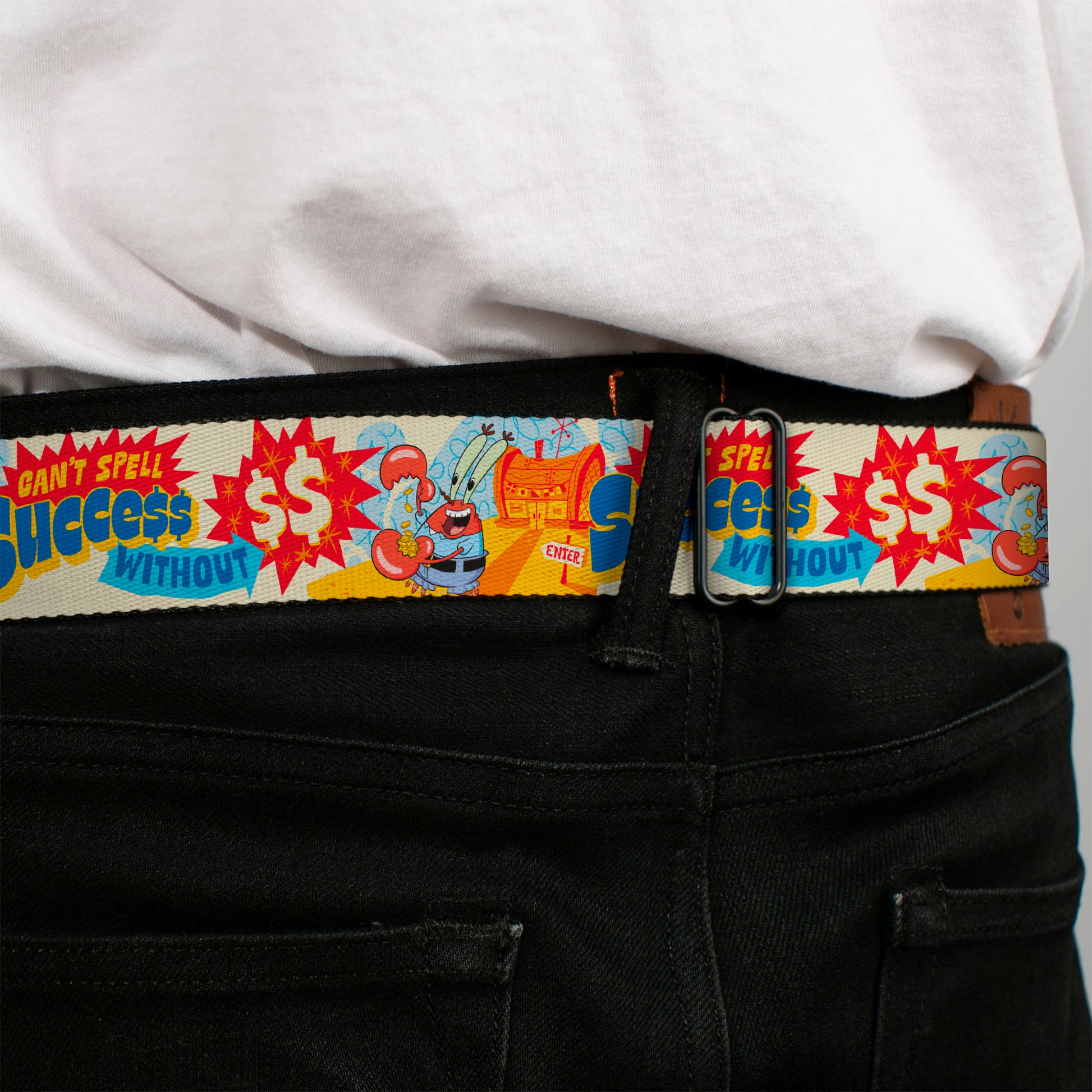 SpongeBob SquarePants Logo Full Color Black/Blues Seatbelt Belt - SpongeBob SquarePants Mr. Krab Krusty Krab SUCCCE$$ Collage Ivory/Multi Color Webbing Seatbelt Belts SpongeBob SquarePants