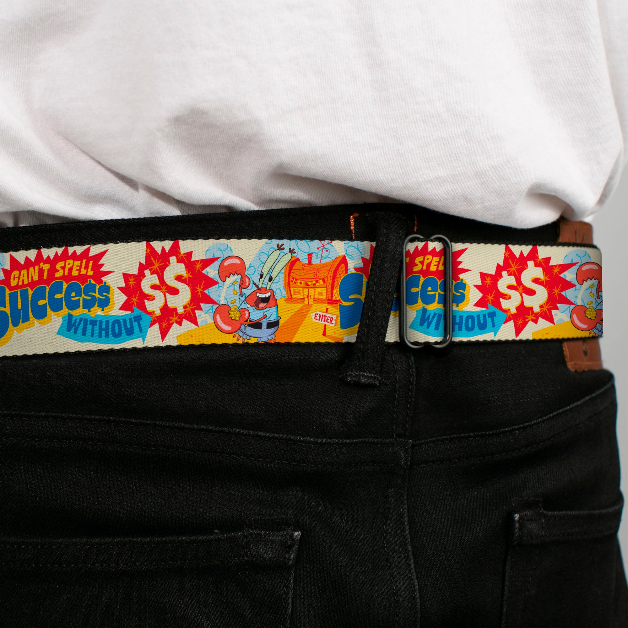 SpongeBob SquarePants Logo Full Color Black/Blues Seatbelt Belt - SpongeBob SquarePants Mr. Krab Krusty Krab SUCCCE$$ Collage Ivory/Multi Color Webbing Seatbelt Belts SpongeBob SquarePants