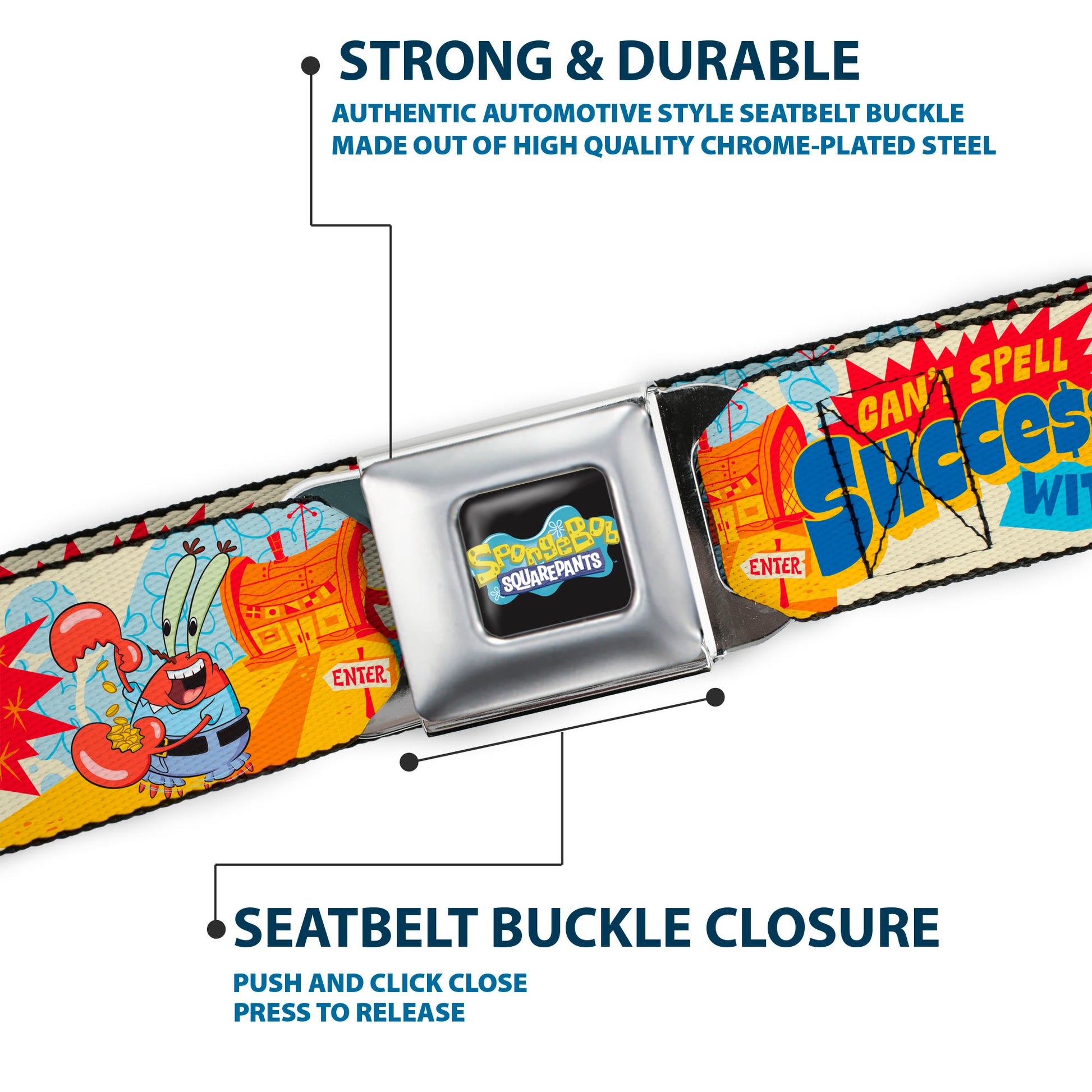 SpongeBob SquarePants Logo Full Color Black/Blues Seatbelt Belt - SpongeBob SquarePants Mr. Krab Krusty Krab SUCCCE$$ Collage Ivory/Multi Color Webbing Seatbelt Belts SpongeBob SquarePants