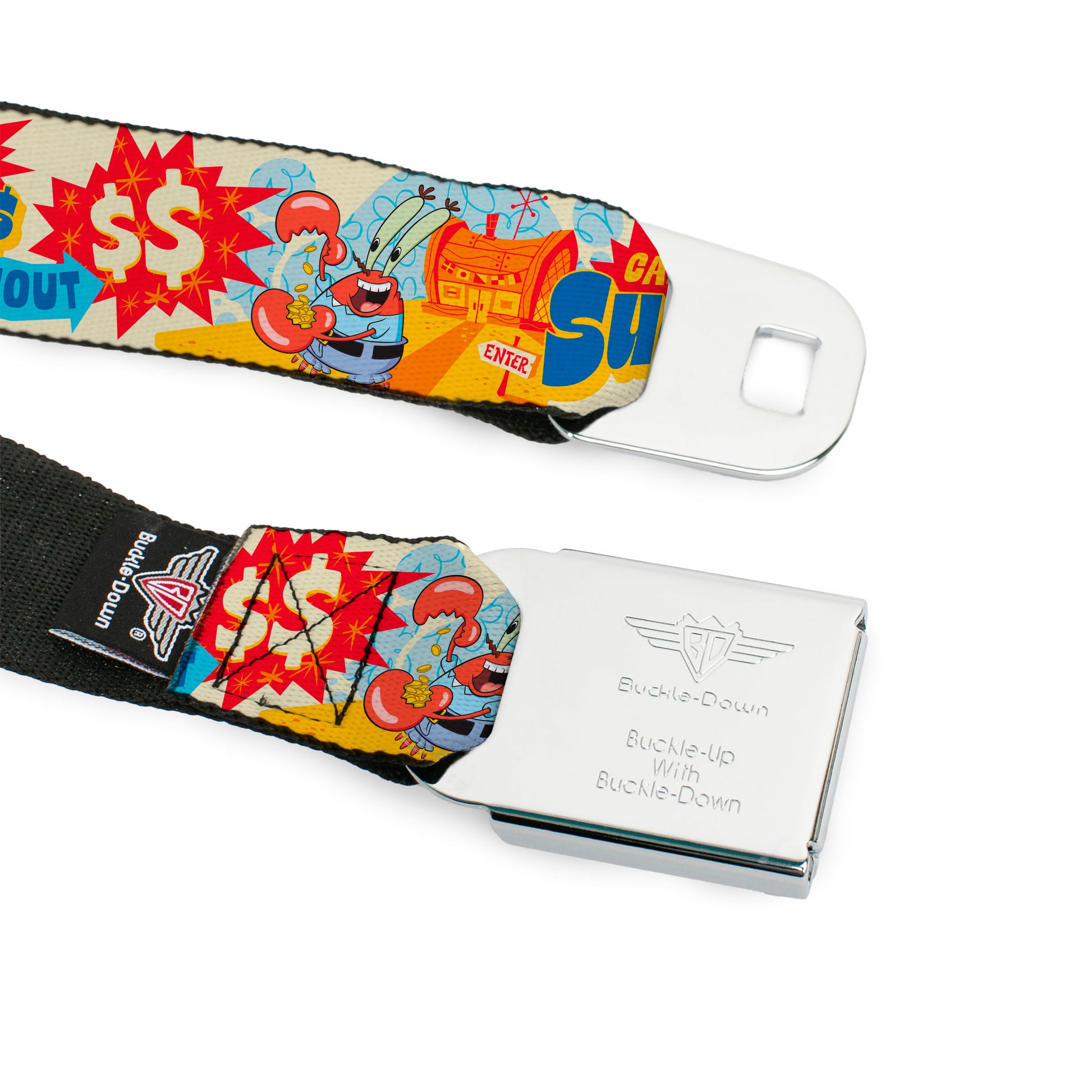 SpongeBob SquarePants Logo Full Color Black/Blues Seatbelt Belt - SpongeBob SquarePants Mr. Krab Krusty Krab SUCCCE$$ Collage Ivory/Multi Color Webbing Seatbelt Belts SpongeBob SquarePants