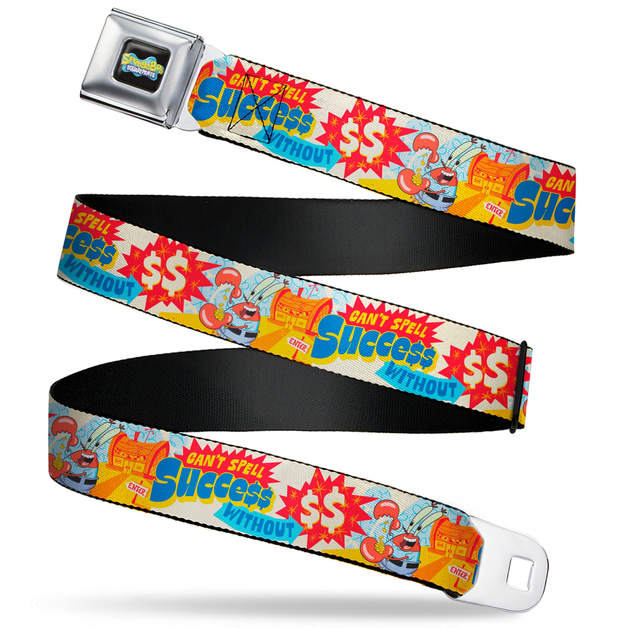 SpongeBob SquarePants Logo Full Color Black/Blues Seatbelt Belt - SpongeBob SquarePants Mr. Krab Krusty Krab SUCCCE$$ Collage Ivory/Multi Color Webbing Seatbelt Belts SpongeBob SquarePants