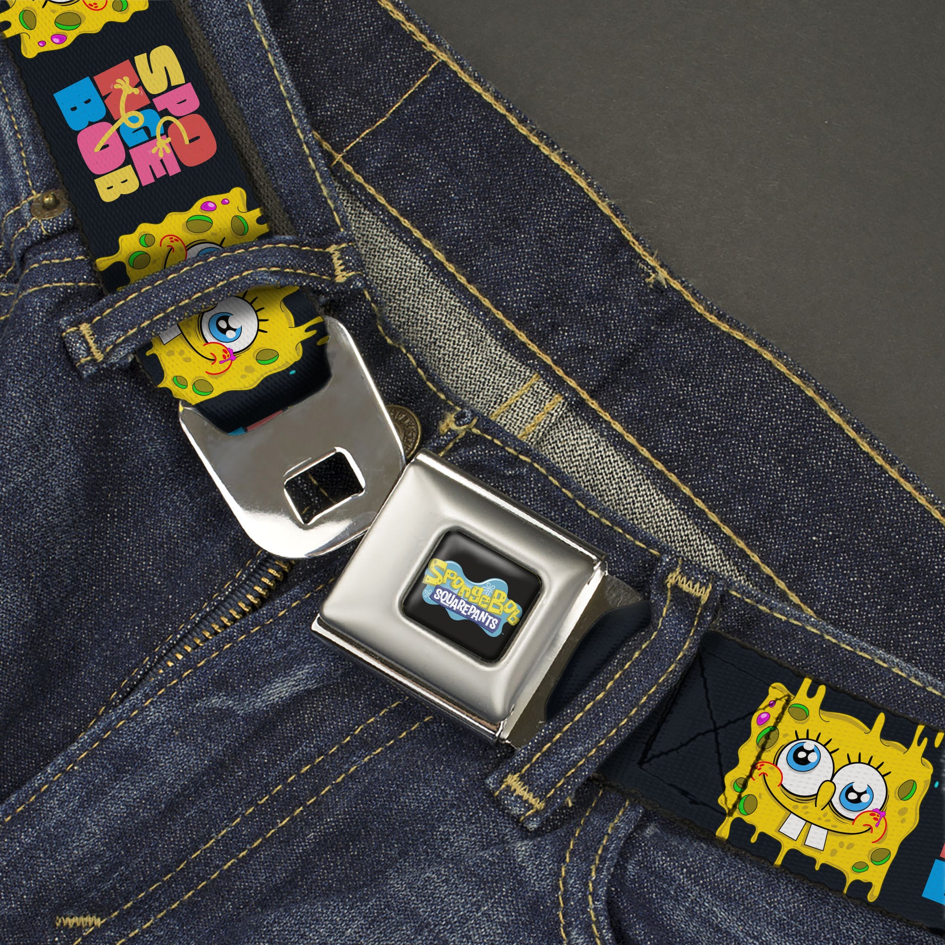 SpongeBob SquarePants Logo Full Color Black/Blues Seatbelt Belt - SPONGEBOB Text Block and Smiling Face Black/Multi Color Webbing Seatbelt Belts SpongeBob SquarePants