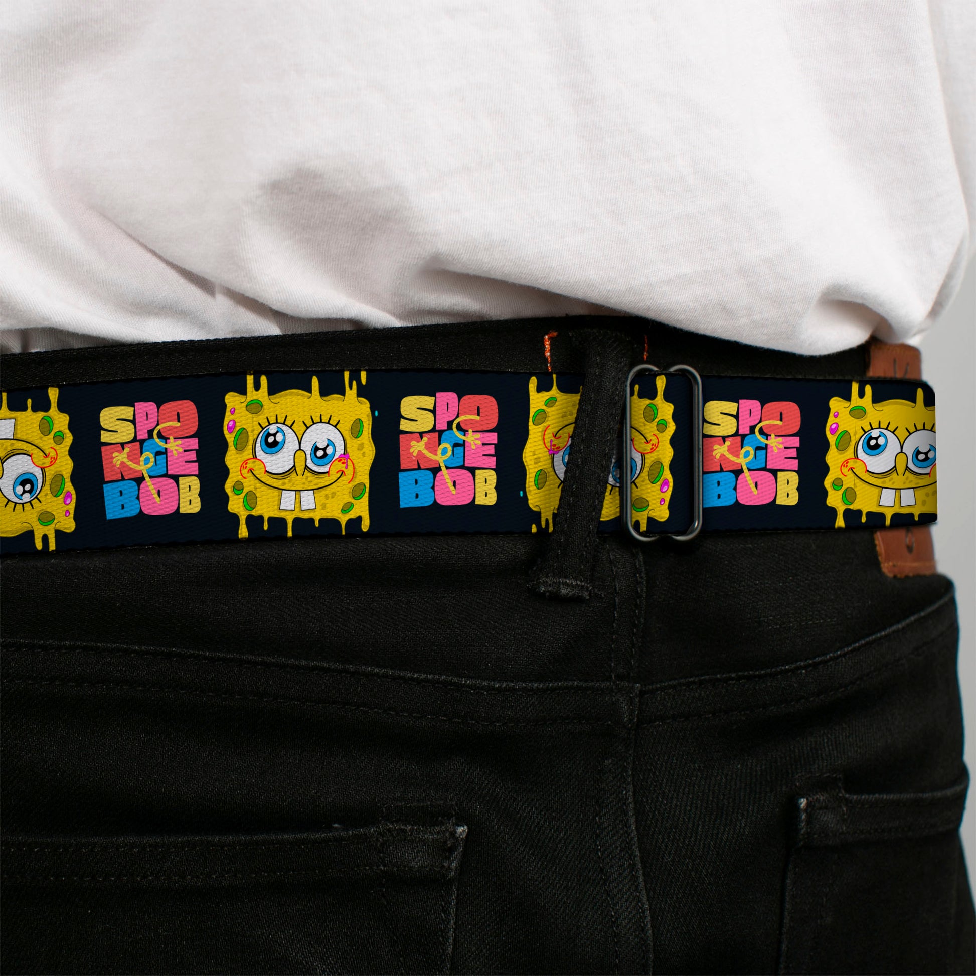 SpongeBob SquarePants Logo Full Color Black/Blues Seatbelt Belt - SPONGEBOB Text Block and Smiling Face Black/Multi Color Webbing Seatbelt Belts SpongeBob SquarePants