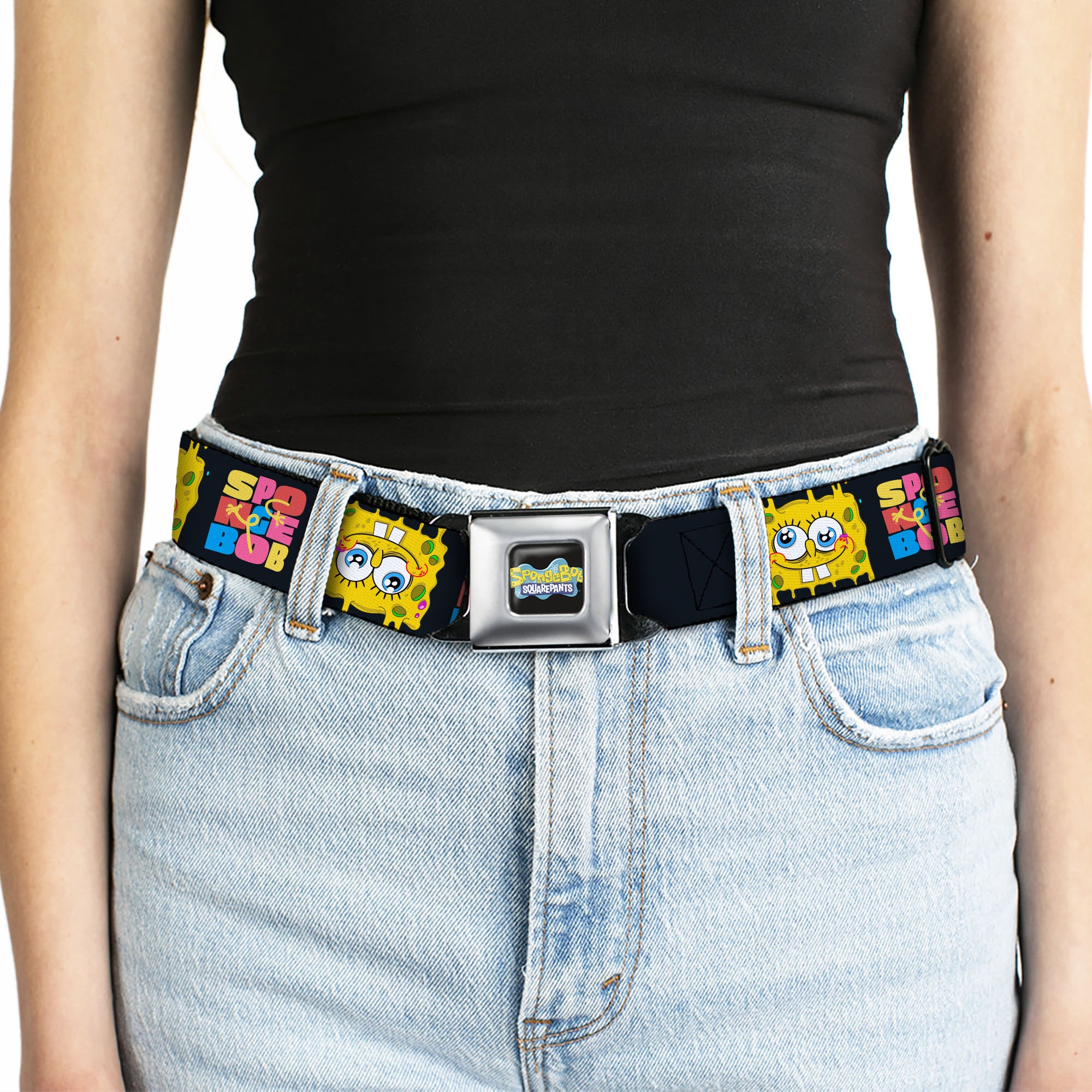 SpongeBob SquarePants Logo Full Color Black/Blues Seatbelt Belt - SPONGEBOB Text Block and Smiling Face Black/Multi Color Webbing Seatbelt Belts SpongeBob SquarePants