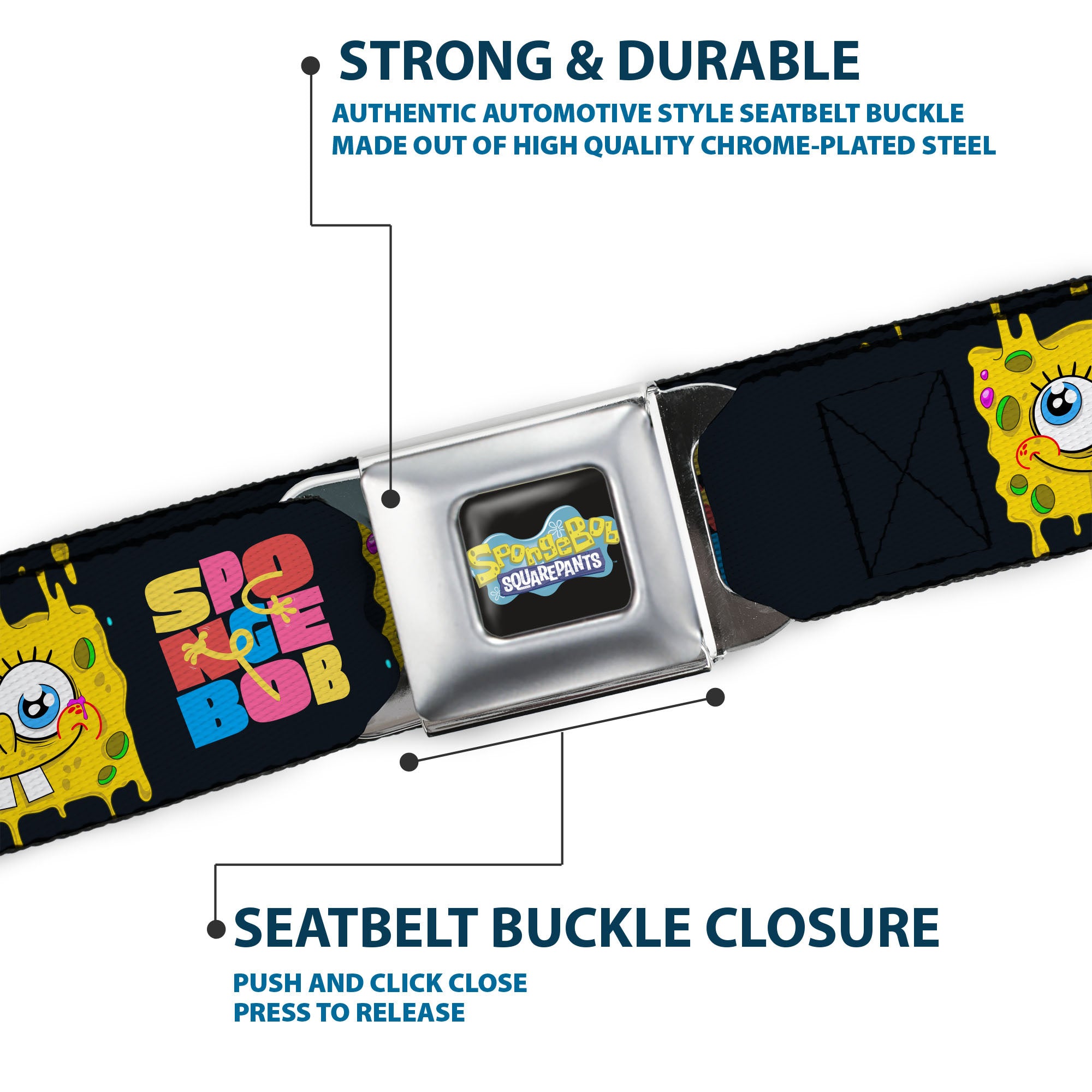 SpongeBob SquarePants Logo Full Color Black/Blues Seatbelt Belt - SPONGEBOB Text Block and Smiling Face Black/Multi Color Webbing Seatbelt Belts SpongeBob SquarePants