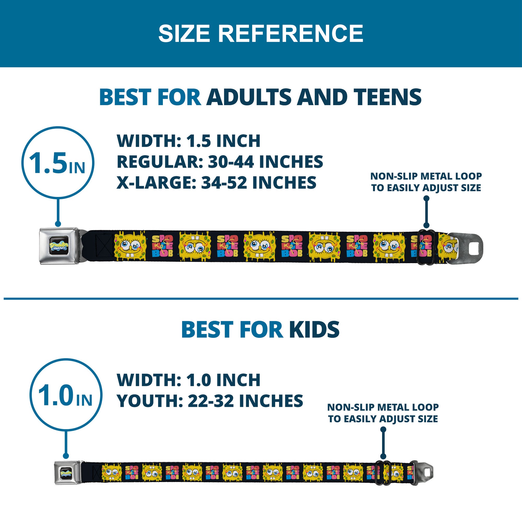 SpongeBob SquarePants Logo Full Color Black/Blues Seatbelt Belt - SPONGEBOB Text Block and Smiling Face Black/Multi Color Webbing Seatbelt Belts SpongeBob SquarePants