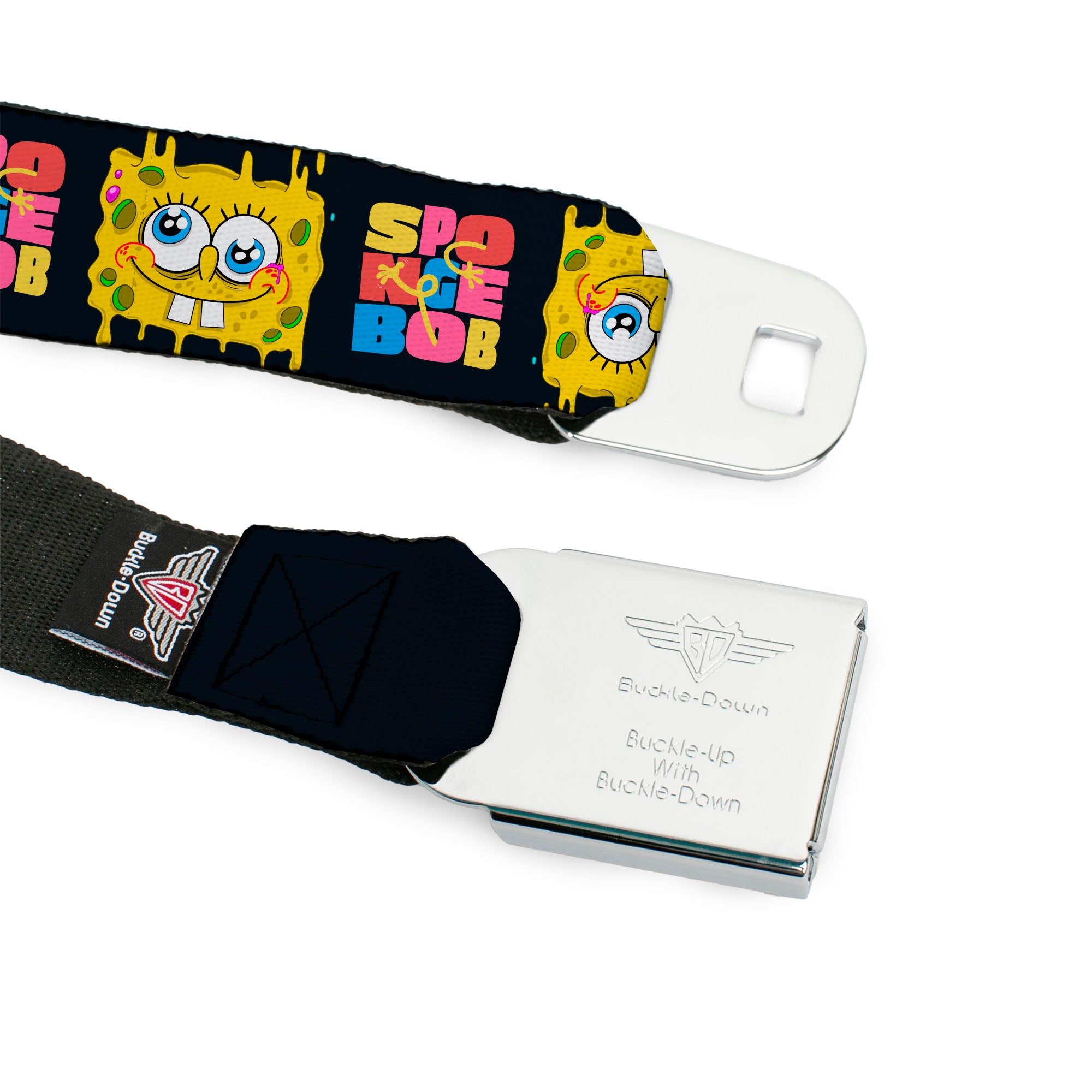 SpongeBob SquarePants Logo Full Color Black/Blues Seatbelt Belt - SPONGEBOB Text Block and Smiling Face Black/Multi Color Webbing Seatbelt Belts SpongeBob SquarePants