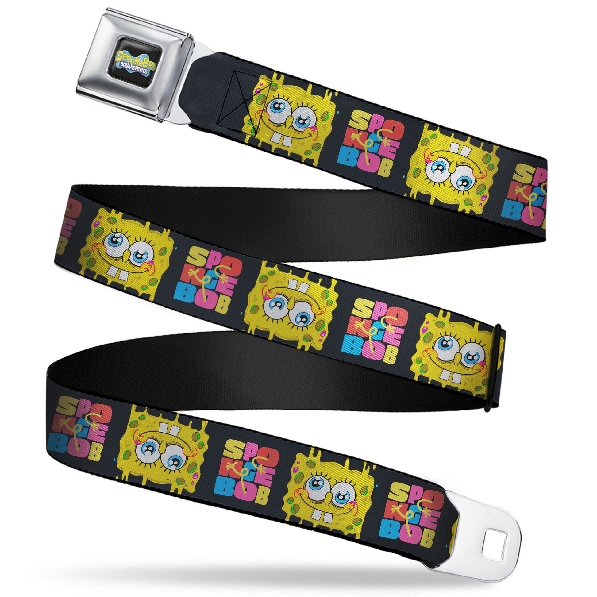 SpongeBob SquarePants Logo Full Color Black/Blues Seatbelt Belt - SPONGEBOB Text Block and Smiling Face Black/Multi Color Webbing Seatbelt Belts SpongeBob SquarePants