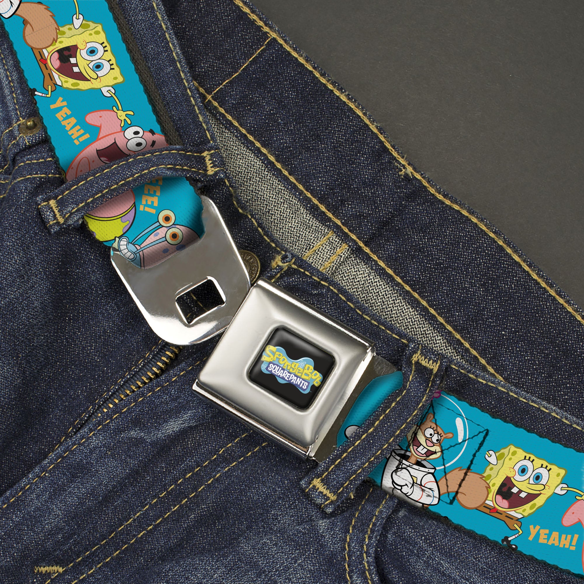 SpongeBob SquarePants Logo Full Color Black/Blues Seatbelt Belt - SpongeBob and Five Friends Poses Blue Webbing Seatbelt Belts SpongeBob SquarePants