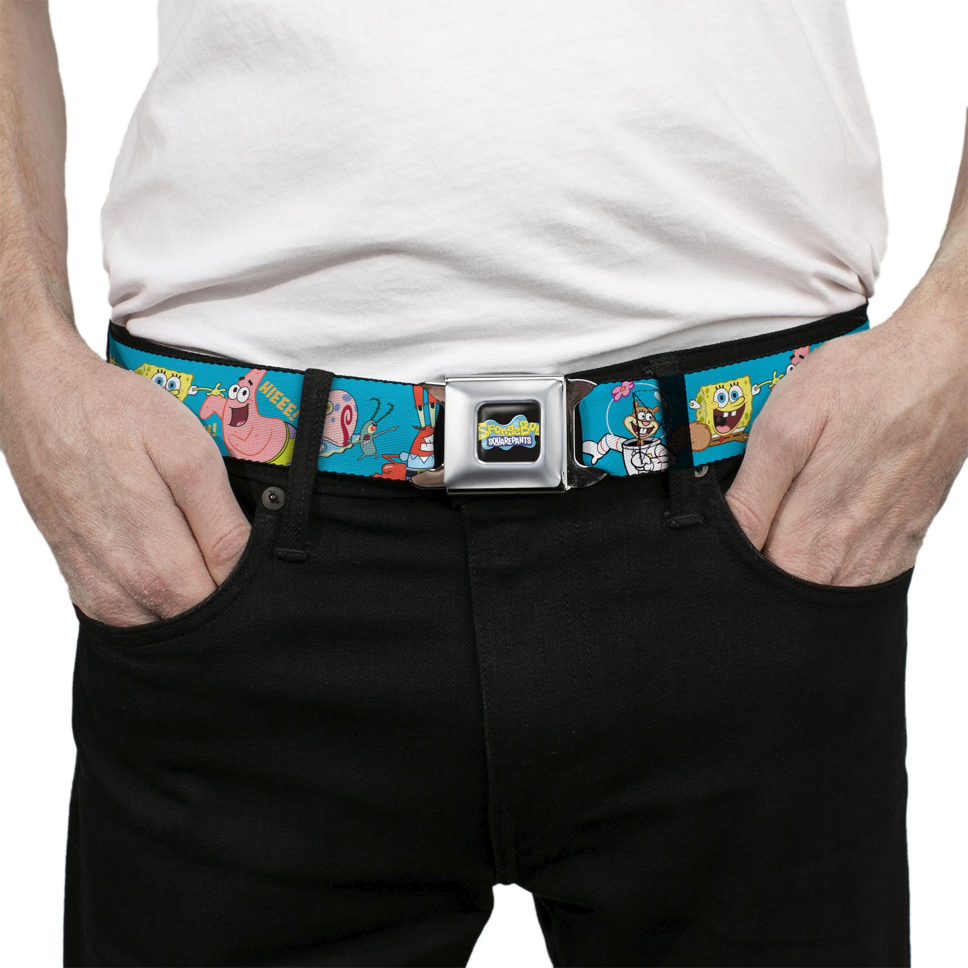 SpongeBob SquarePants Logo Full Color Black/Blues Seatbelt Belt - SpongeBob and Five Friends Poses Blue Webbing Seatbelt Belts SpongeBob SquarePants