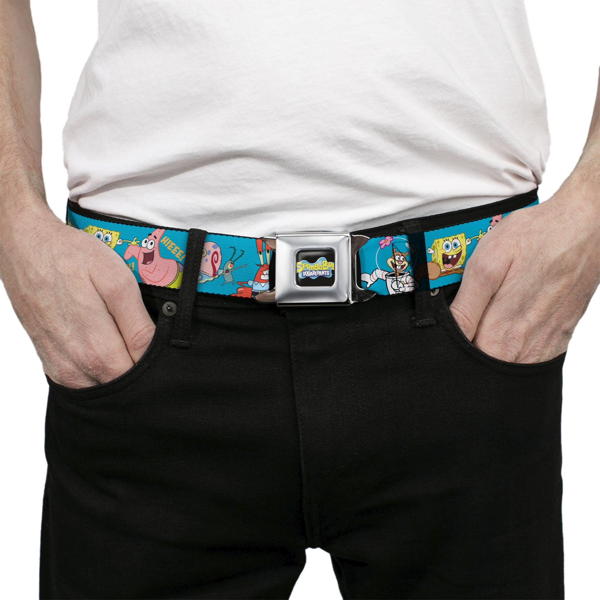 SpongeBob SquarePants Logo Full Color Black/Blues Seatbelt Belt - SpongeBob and Five Friends Poses Blue Webbing Seatbelt Belts SpongeBob SquarePants