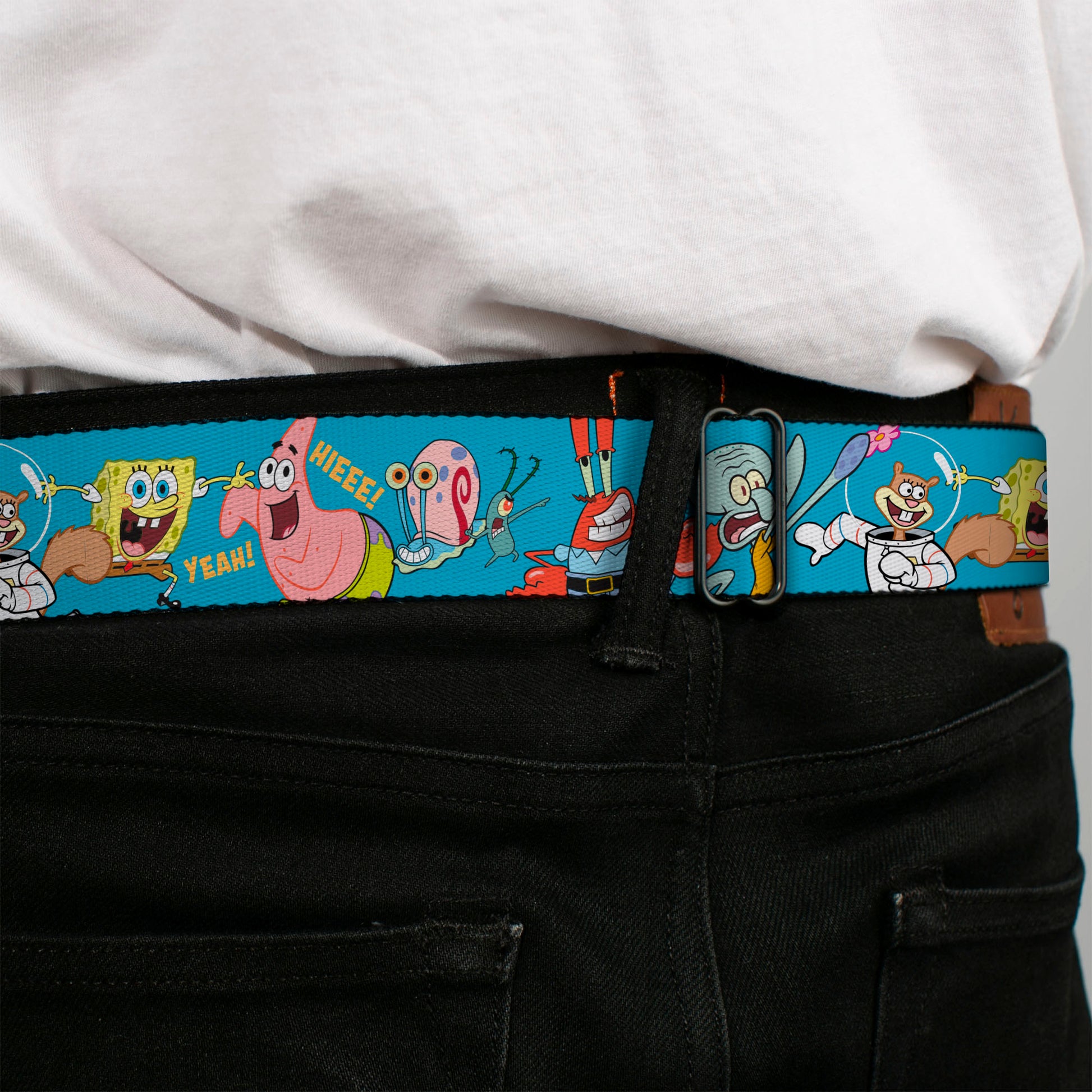 SpongeBob SquarePants Logo Full Color Black/Blues Seatbelt Belt - SpongeBob and Five Friends Poses Blue Webbing Seatbelt Belts SpongeBob SquarePants