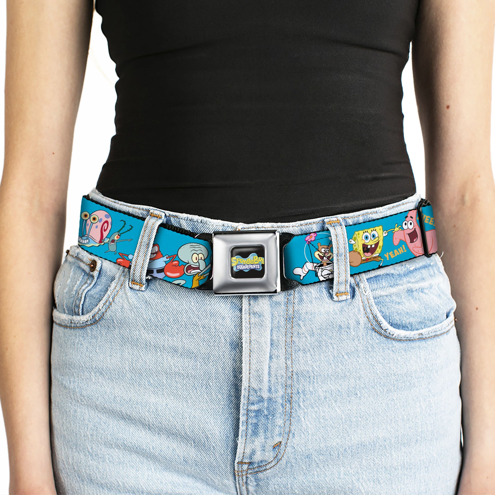 SpongeBob SquarePants Logo Full Color Black/Blues Seatbelt Belt - SpongeBob and Five Friends Poses Blue Webbing Seatbelt Belts SpongeBob SquarePants