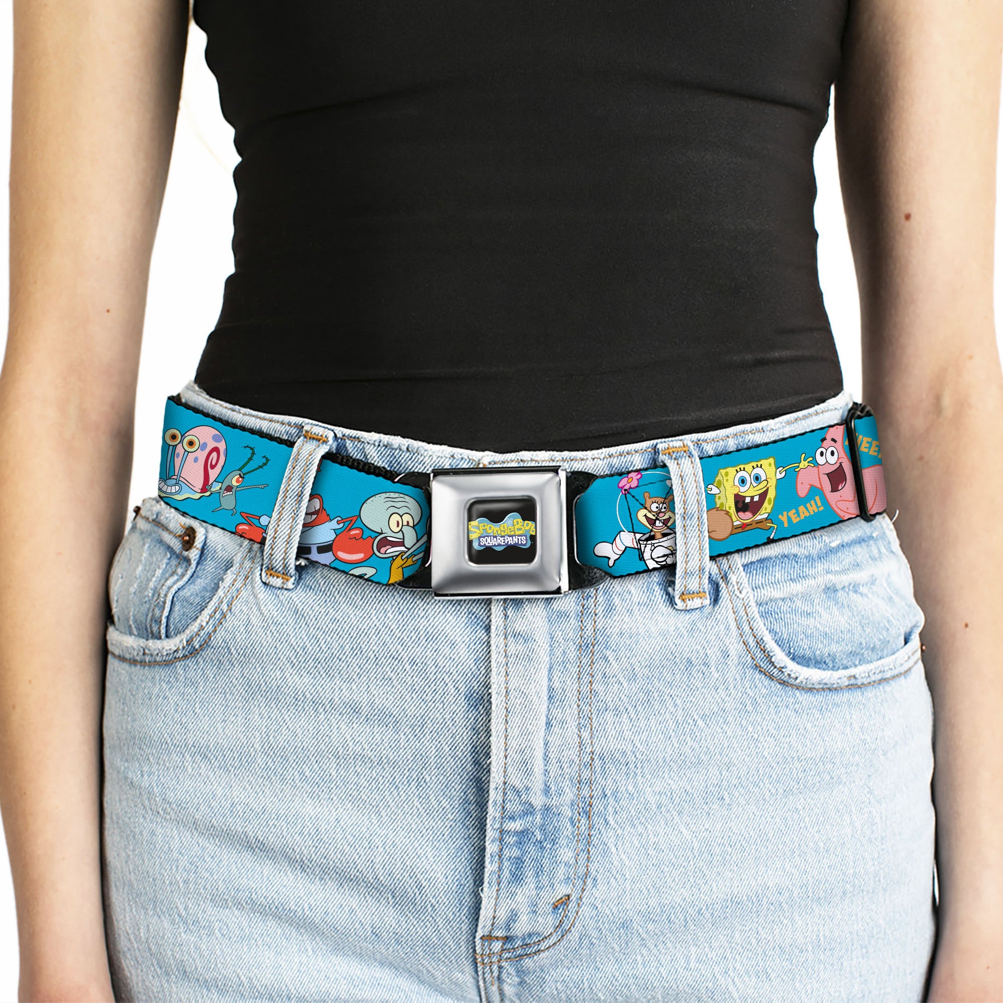 SpongeBob SquarePants Logo Full Color Black/Blues Seatbelt Belt - SpongeBob and Five Friends Poses Blue Webbing Seatbelt Belts SpongeBob SquarePants
