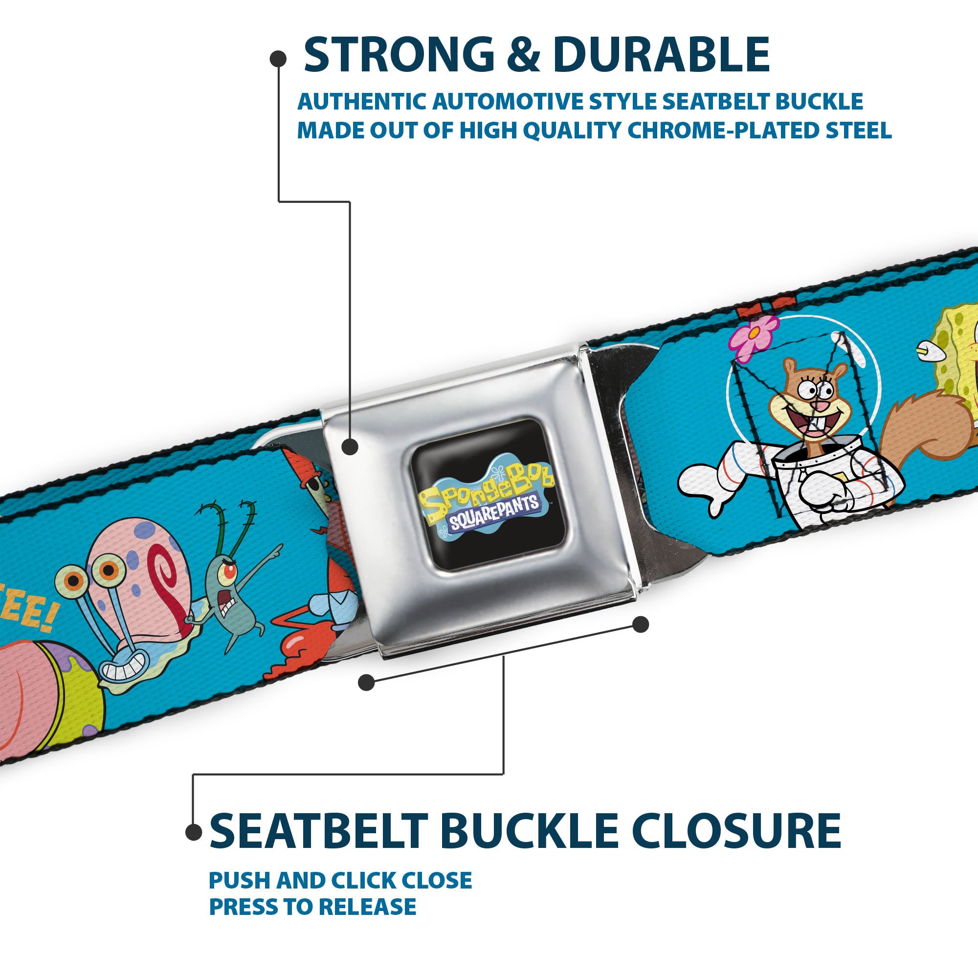 SpongeBob SquarePants Logo Full Color Black/Blues Seatbelt Belt - SpongeBob and Five Friends Poses Blue Webbing Seatbelt Belts SpongeBob SquarePants
