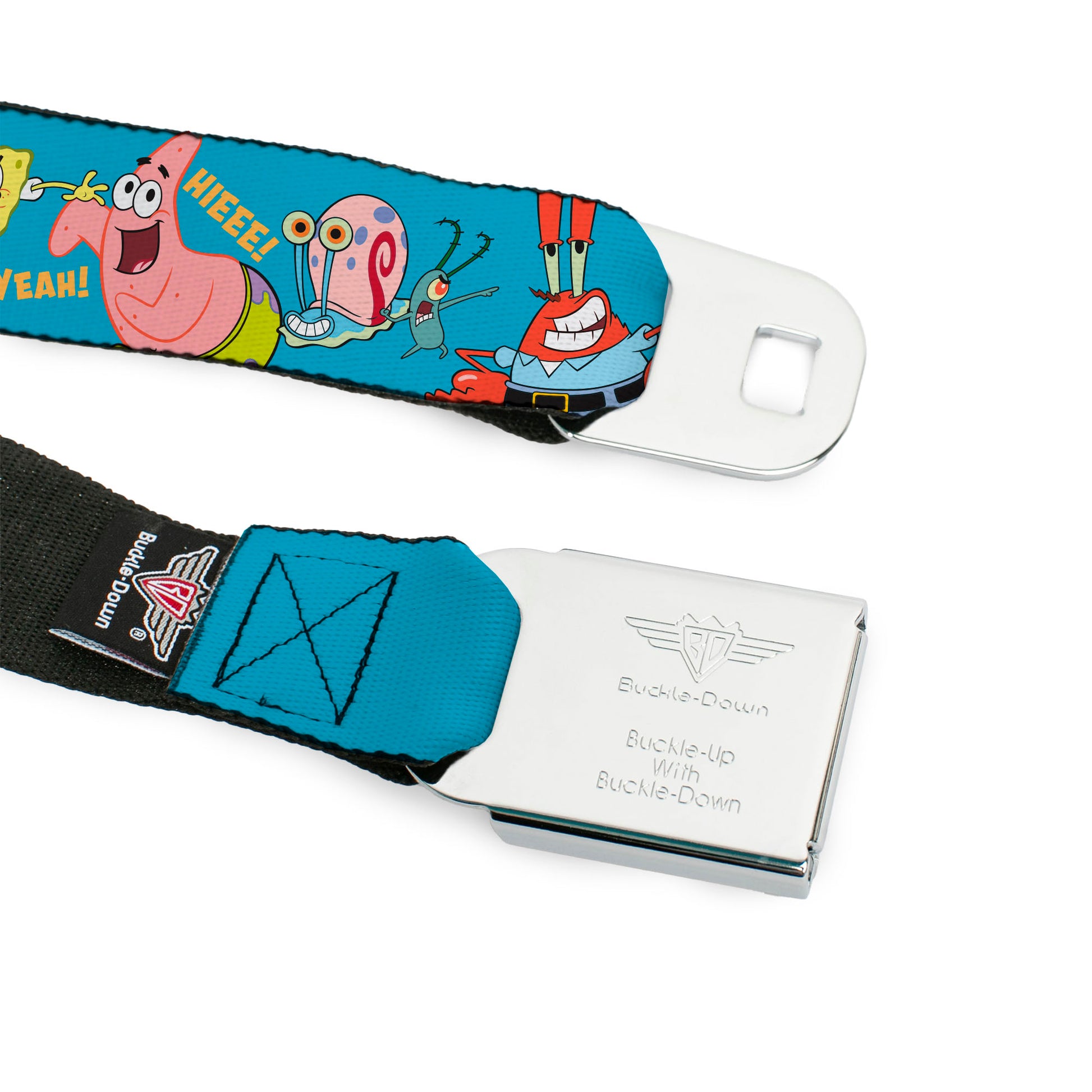 SpongeBob SquarePants Logo Full Color Black/Blues Seatbelt Belt - SpongeBob and Five Friends Poses Blue Webbing Seatbelt Belts SpongeBob SquarePants