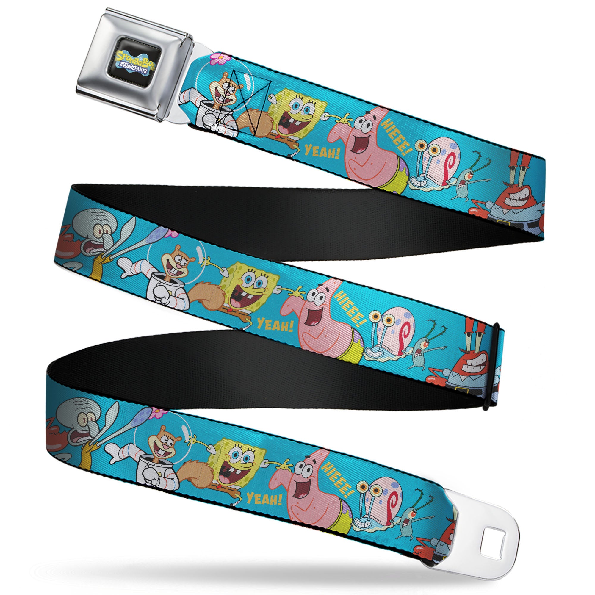 SpongeBob SquarePants Logo Full Color Black/Blues Seatbelt Belt - SpongeBob and Five Friends Poses Blue Webbing Seatbelt Belts SpongeBob SquarePants