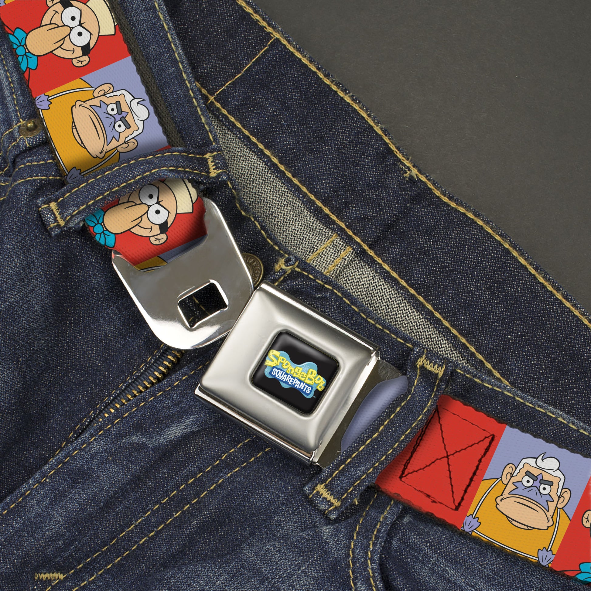 SpongeBob SquarePants Logo Full Color Black/Blues Seatbelt Belt - Barnacle Boy and Mermaid Man Pose Blocks Red/Blue Webbing Seatbelt Belts SpongeBob SquarePants