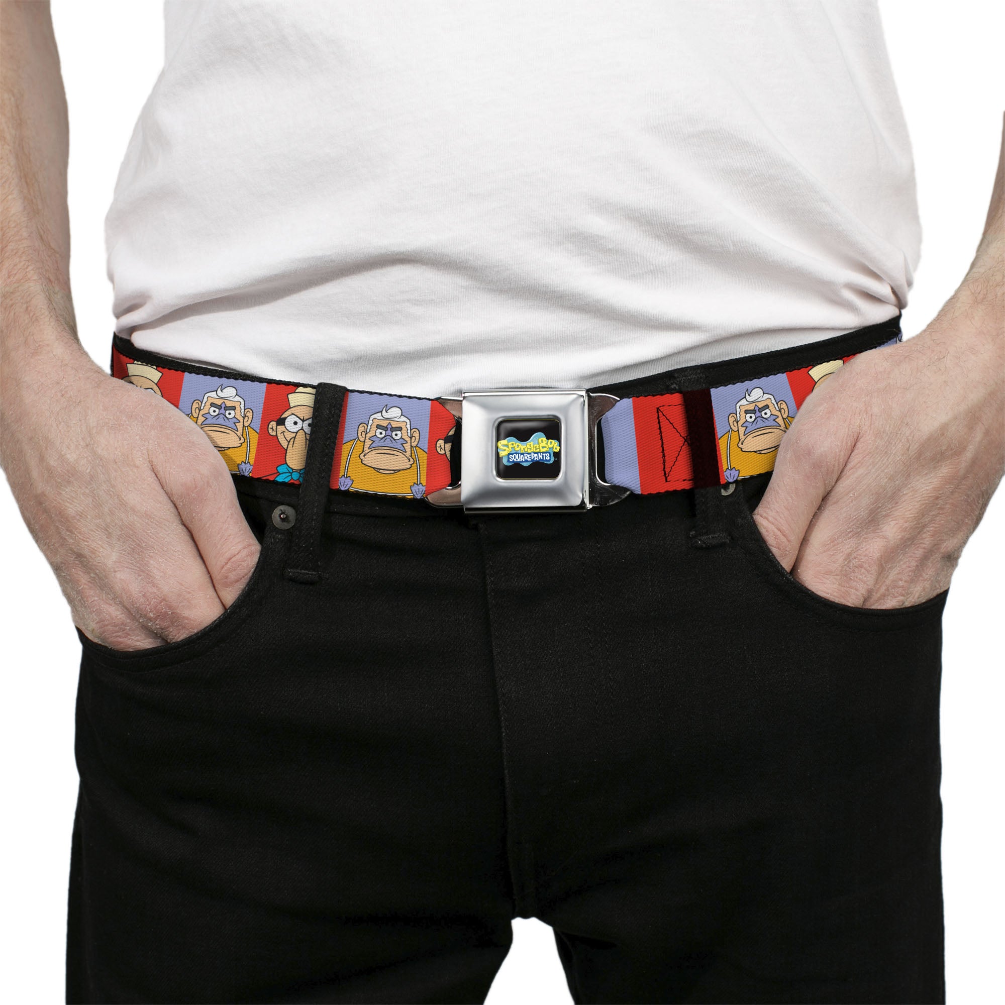SpongeBob SquarePants Logo Full Color Black/Blues Seatbelt Belt - Barnacle Boy and Mermaid Man Pose Blocks Red/Blue Webbing Seatbelt Belts SpongeBob SquarePants