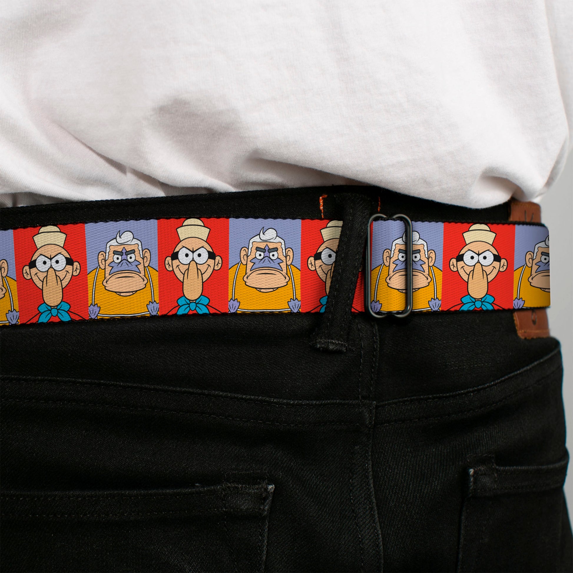 SpongeBob SquarePants Logo Full Color Black/Blues Seatbelt Belt - Barnacle Boy and Mermaid Man Pose Blocks Red/Blue Webbing Seatbelt Belts SpongeBob SquarePants