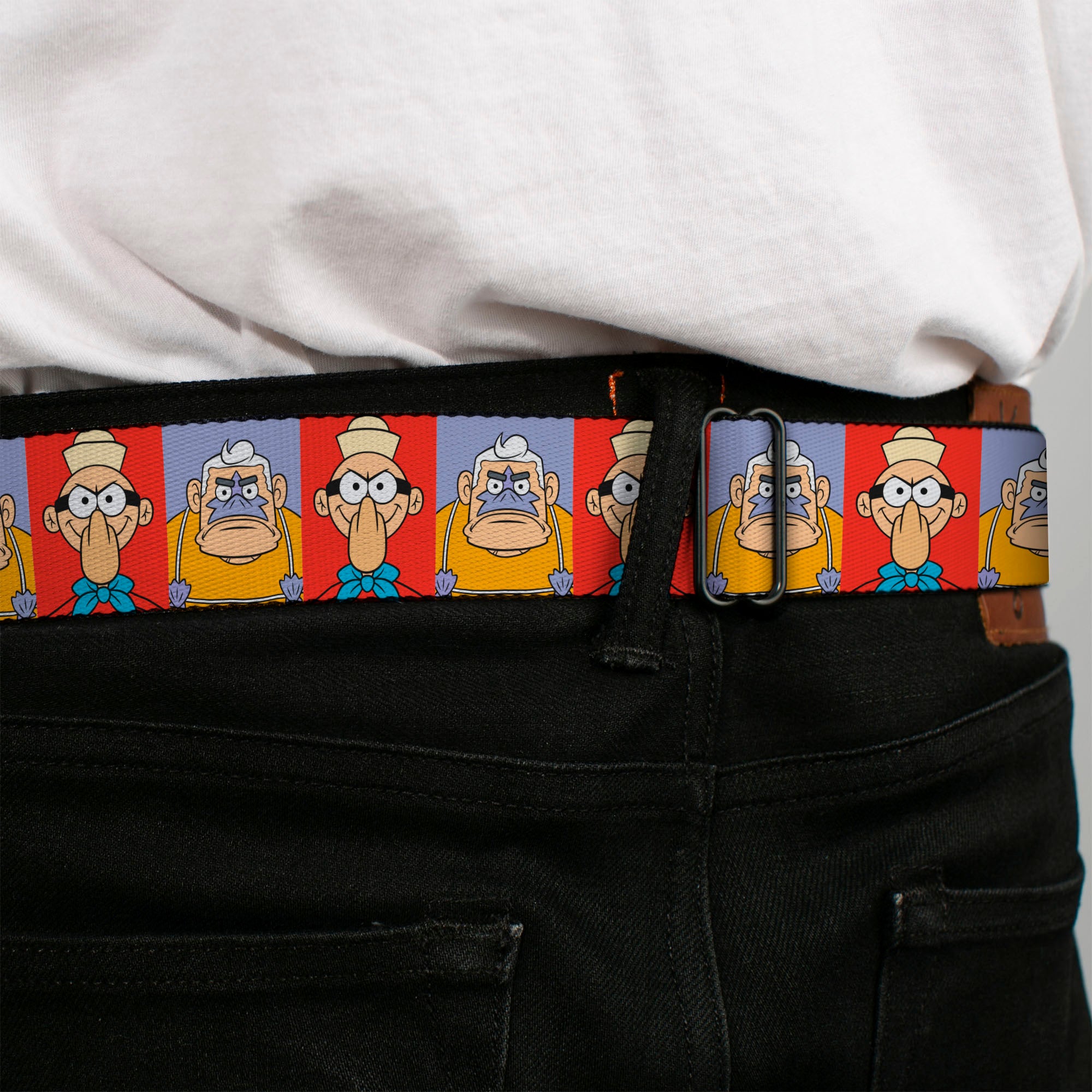 SpongeBob SquarePants Logo Full Color Black/Blues Seatbelt Belt - Barnacle Boy and Mermaid Man Pose Blocks Red/Blue Webbing Seatbelt Belts SpongeBob SquarePants