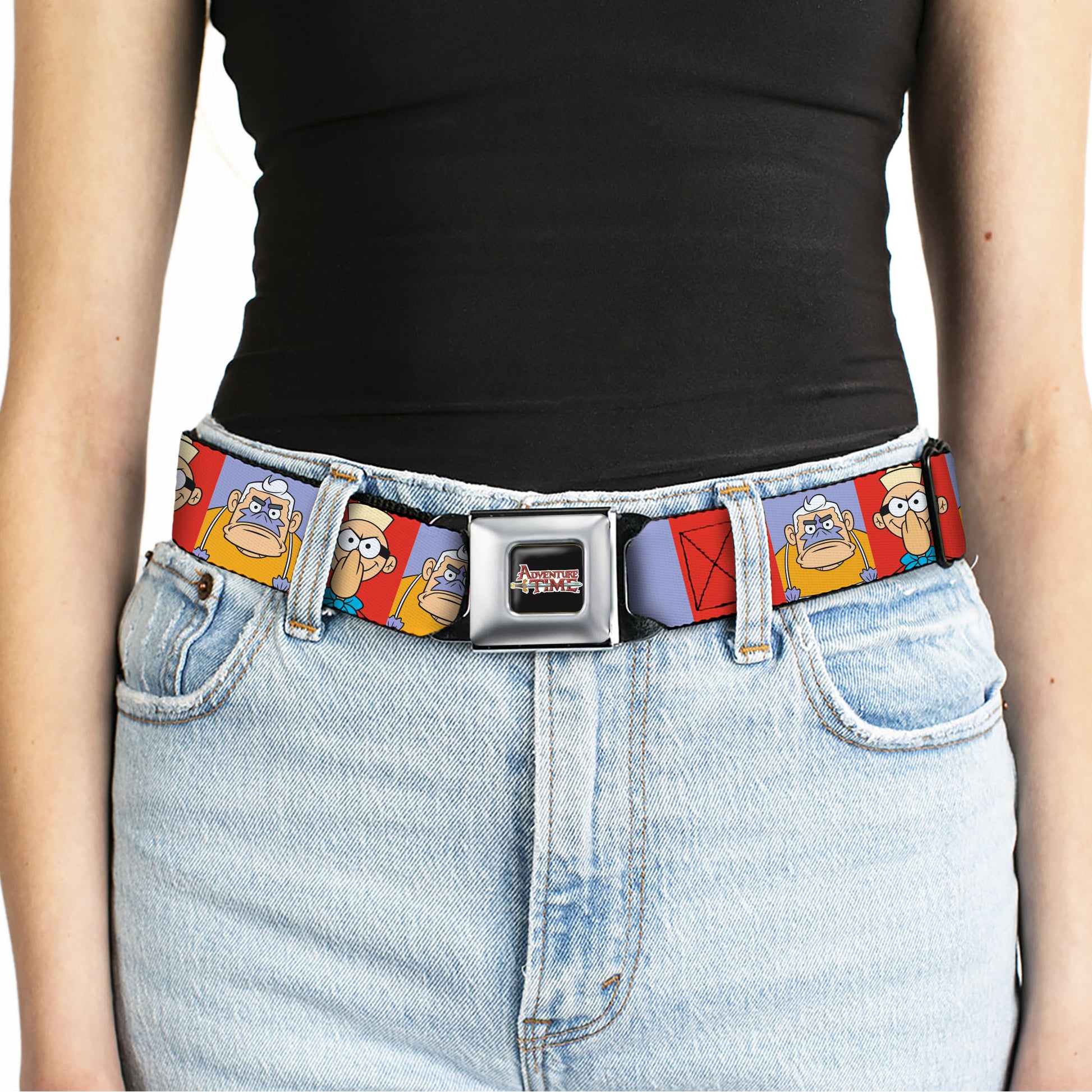 SpongeBob SquarePants Logo Full Color Black/Blues Seatbelt Belt - Barnacle Boy and Mermaid Man Pose Blocks Red/Blue Webbing Seatbelt Belts SpongeBob SquarePants