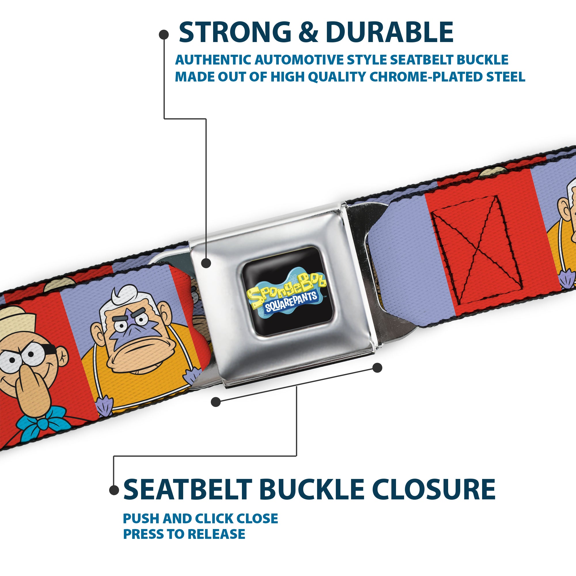SpongeBob SquarePants Logo Full Color Black/Blues Seatbelt Belt - Barnacle Boy and Mermaid Man Pose Blocks Red/Blue Webbing Seatbelt Belts SpongeBob SquarePants
