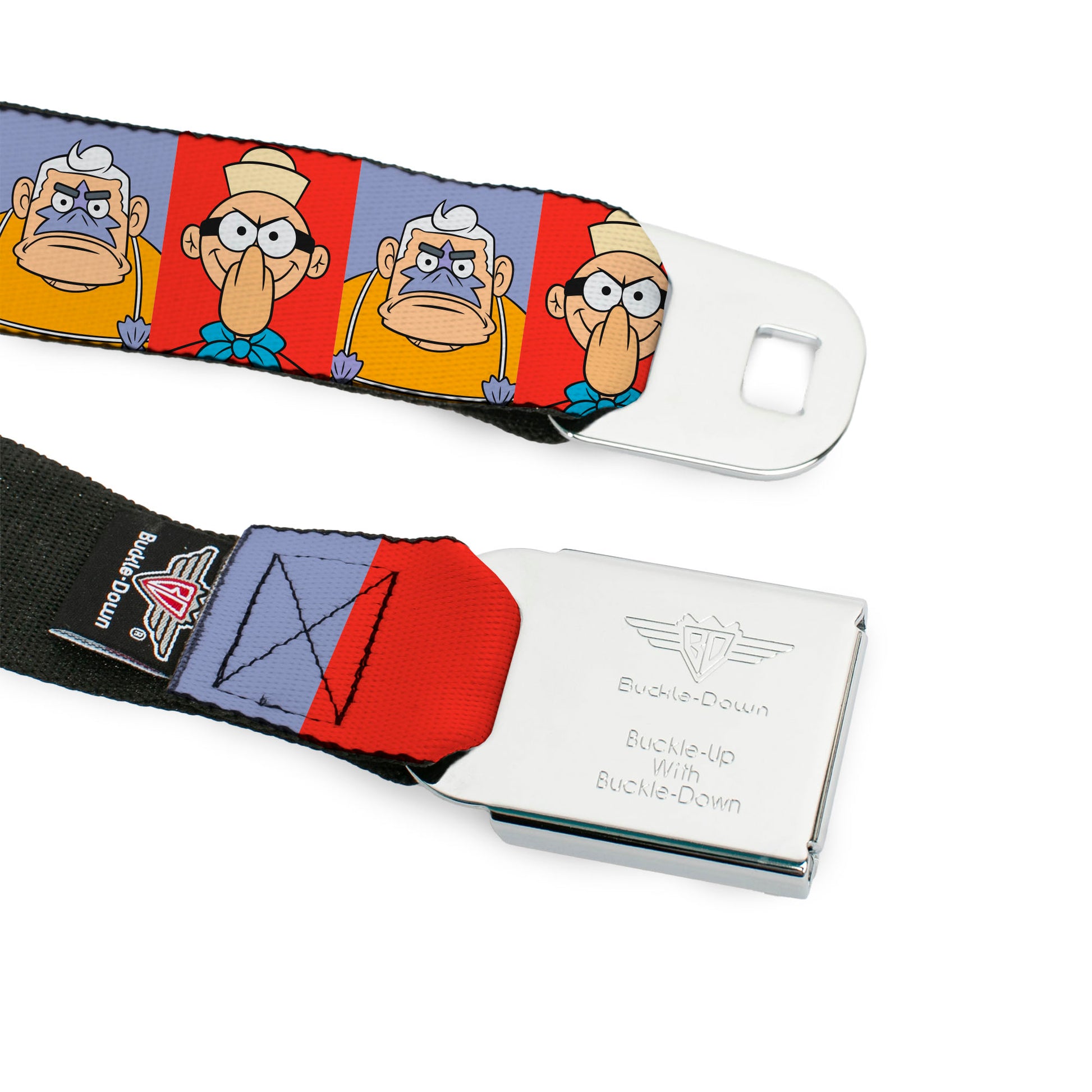 SpongeBob SquarePants Logo Full Color Black/Blues Seatbelt Belt - Barnacle Boy and Mermaid Man Pose Blocks Red/Blue Webbing Seatbelt Belts SpongeBob SquarePants