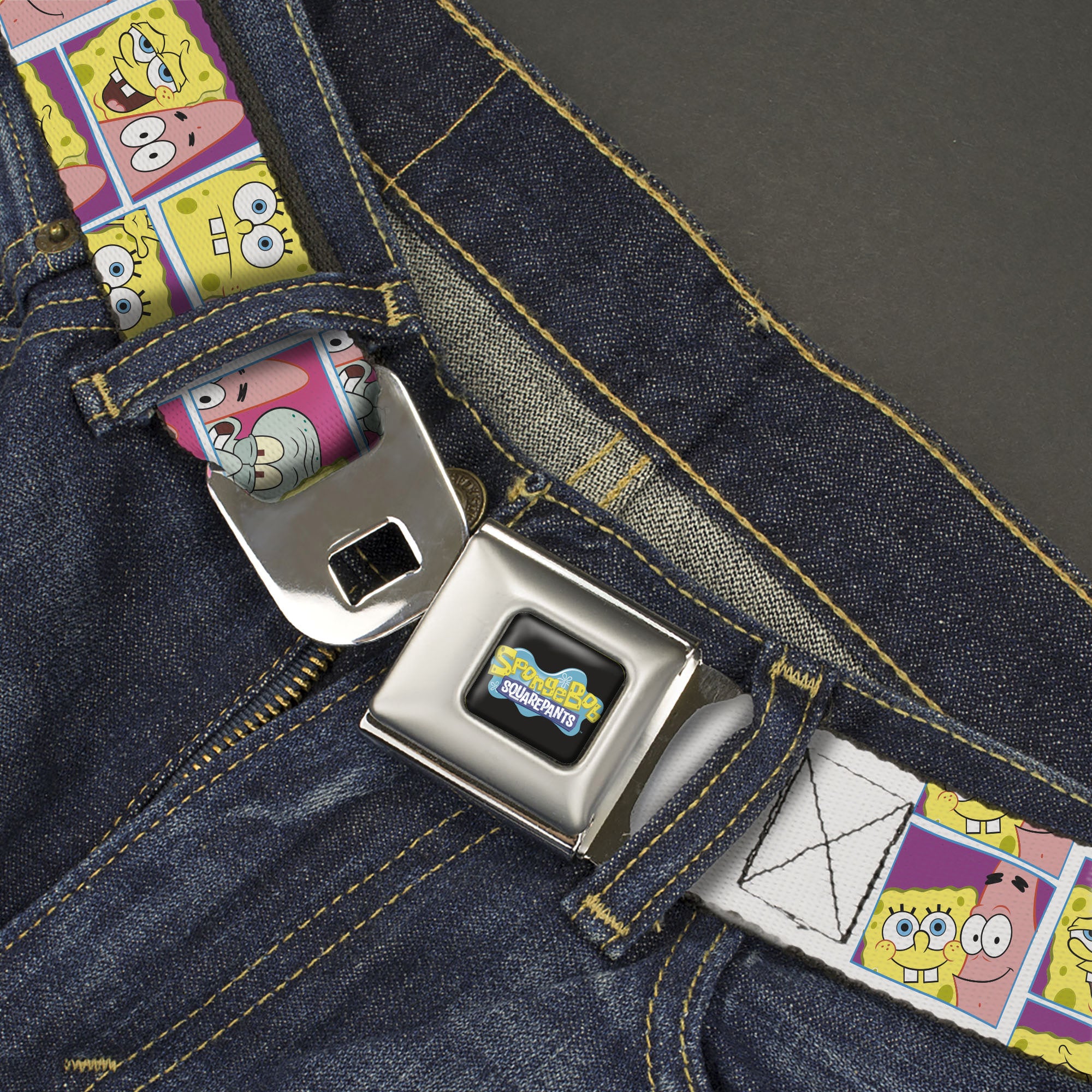 SpongeBob SquarePants Logo Full Color Black/Blues Seatbelt Belt - SpongeBob and Friends Photo Booth Pose Blocks Webbing Seatbelt Belts SpongeBob SquarePants