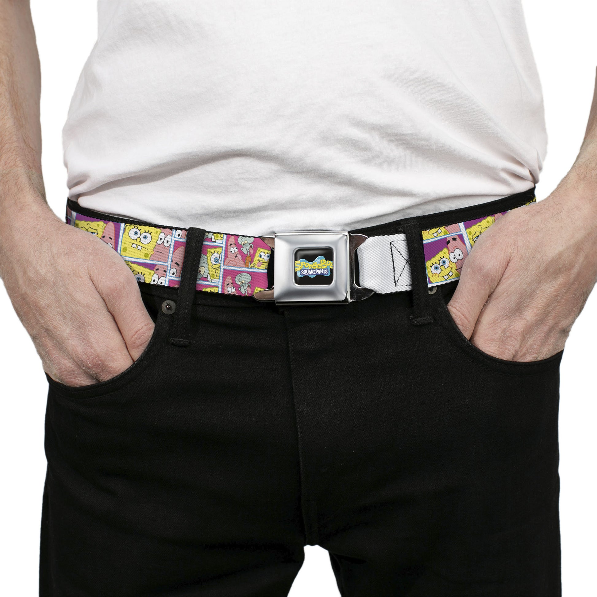 SpongeBob SquarePants Logo Full Color Black/Blues Seatbelt Belt - SpongeBob and Friends Photo Booth Pose Blocks Webbing Seatbelt Belts SpongeBob SquarePants