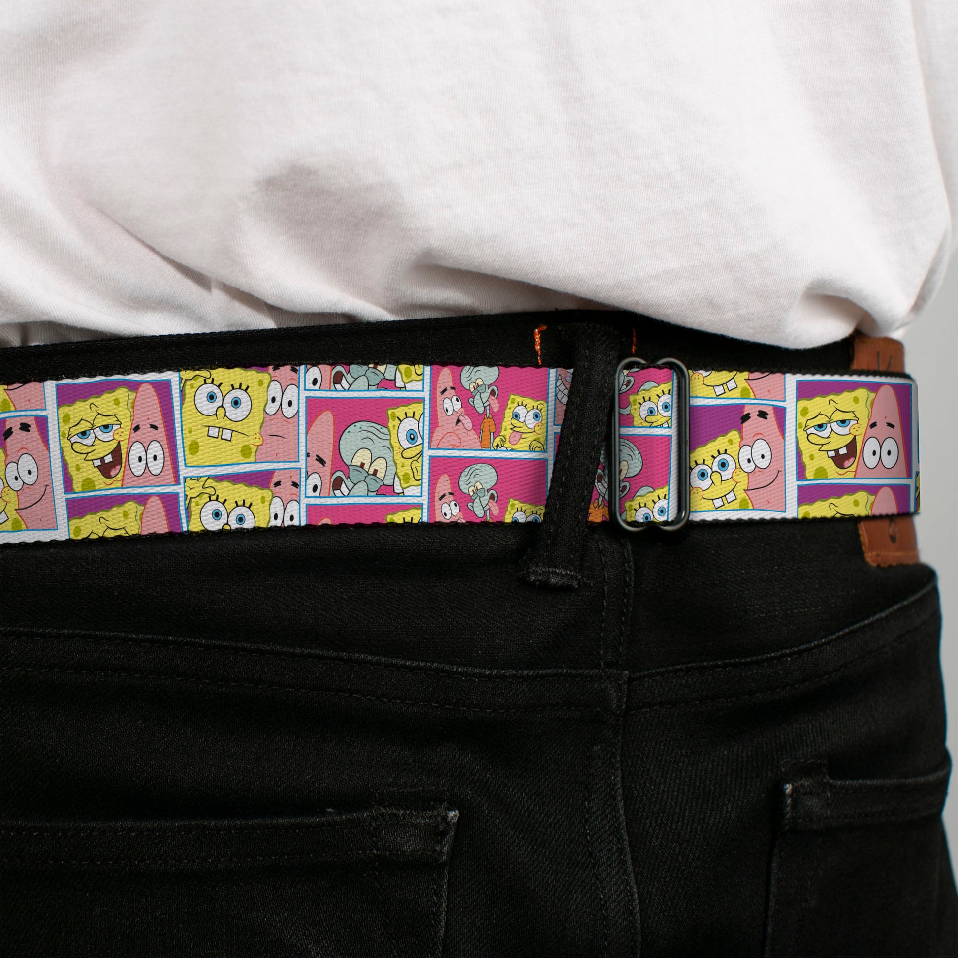 SpongeBob SquarePants Logo Full Color Black/Blues Seatbelt Belt - SpongeBob and Friends Photo Booth Pose Blocks Webbing Seatbelt Belts SpongeBob SquarePants