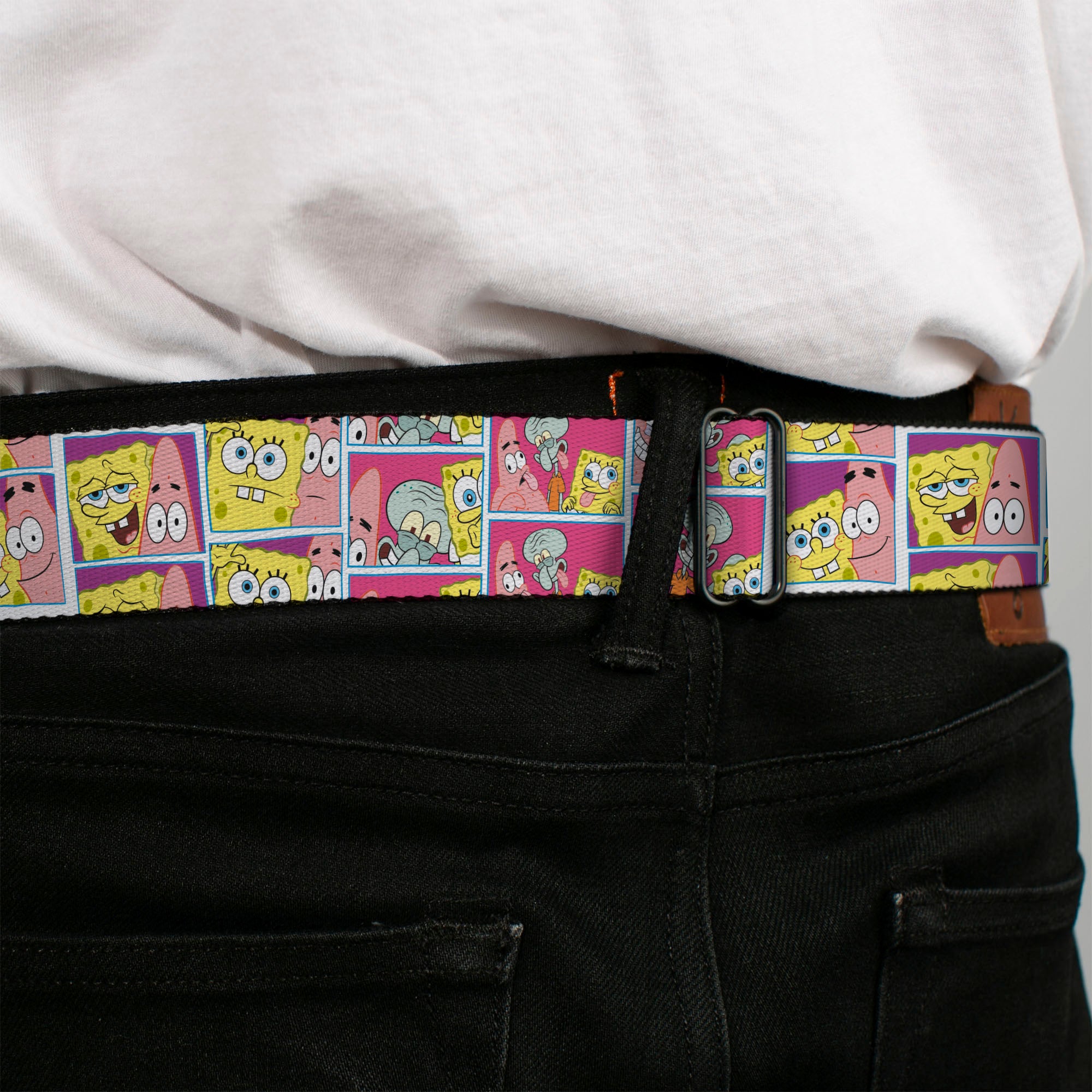 SpongeBob SquarePants Logo Full Color Black/Blues Seatbelt Belt - SpongeBob and Friends Photo Booth Pose Blocks Webbing Seatbelt Belts SpongeBob SquarePants