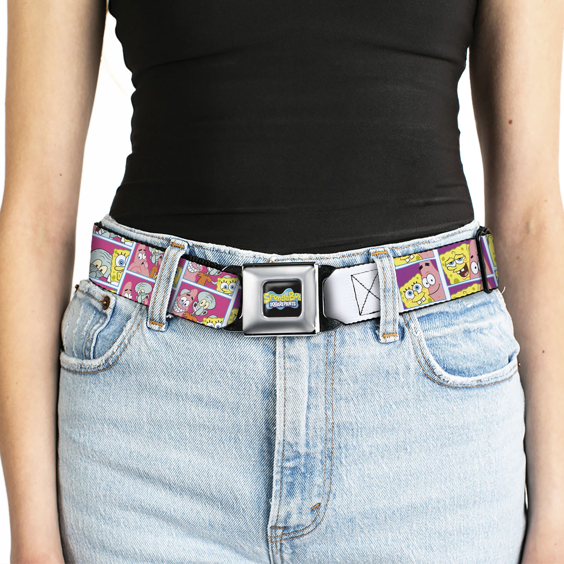SpongeBob SquarePants Logo Full Color Black/Blues Seatbelt Belt - SpongeBob and Friends Photo Booth Pose Blocks Webbing Seatbelt Belts SpongeBob SquarePants