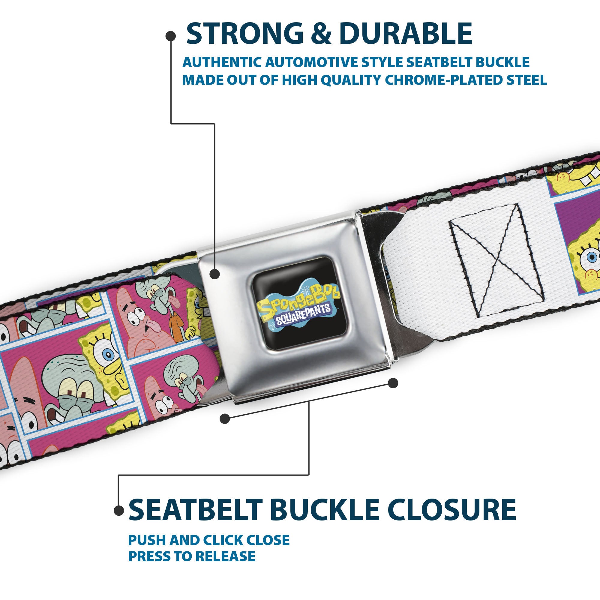 SpongeBob SquarePants Logo Full Color Black/Blues Seatbelt Belt - SpongeBob and Friends Photo Booth Pose Blocks Webbing Seatbelt Belts SpongeBob SquarePants