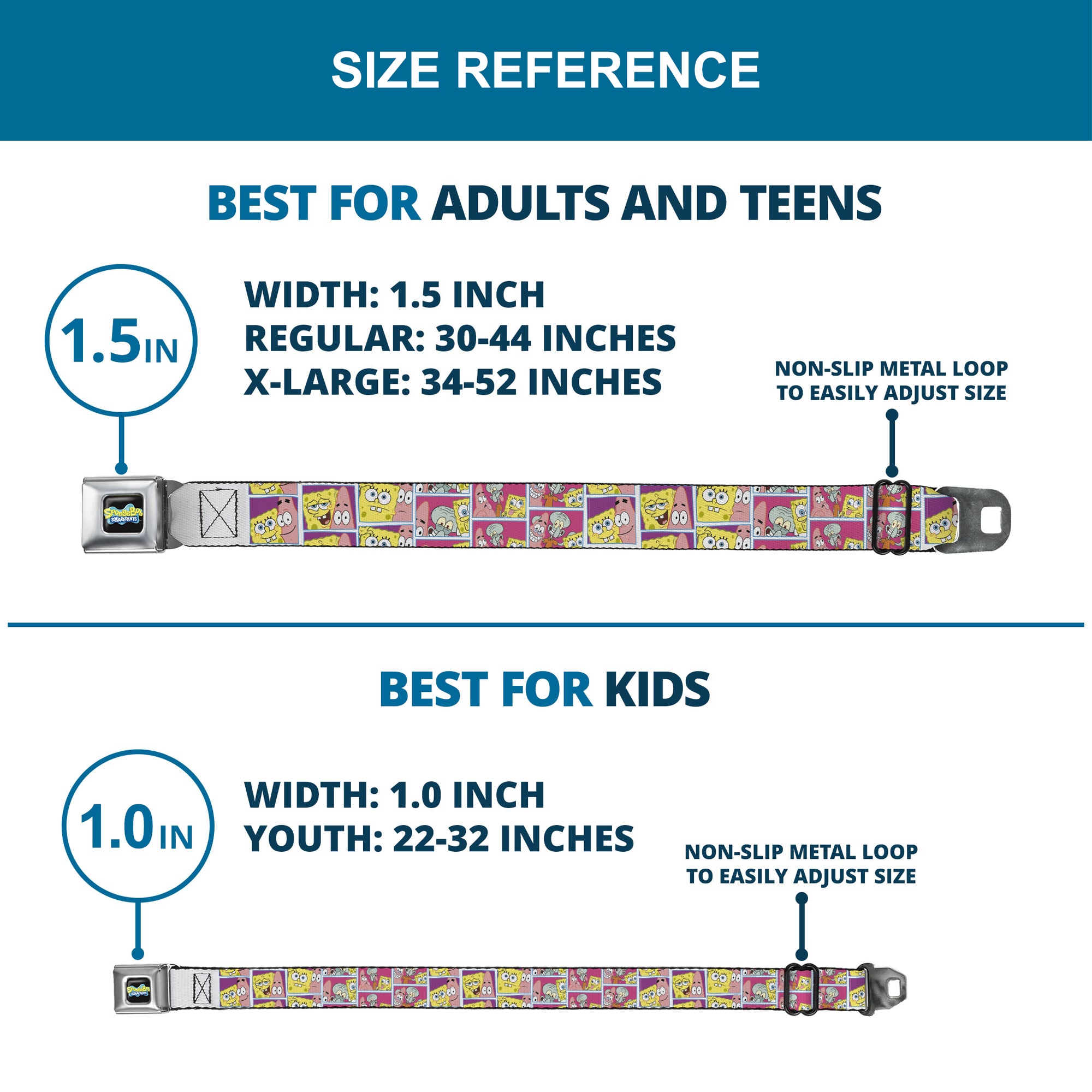 SpongeBob SquarePants Logo Full Color Black/Blues Seatbelt Belt - SpongeBob and Friends Photo Booth Pose Blocks Webbing Seatbelt Belts SpongeBob SquarePants